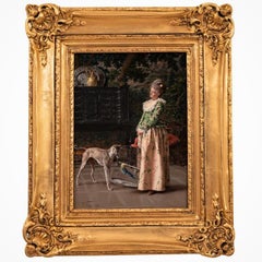 Antique Italian Oil on Panel Painting Costume Genre Dog & Beauty Franceso Vinea