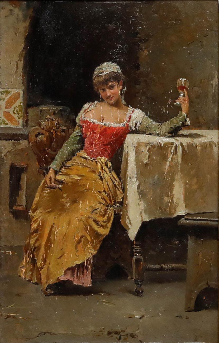 Attribut. Francesco Vinea (1845-1902) - Öl, Eine Frau in einer Taverne im Angebot 1
