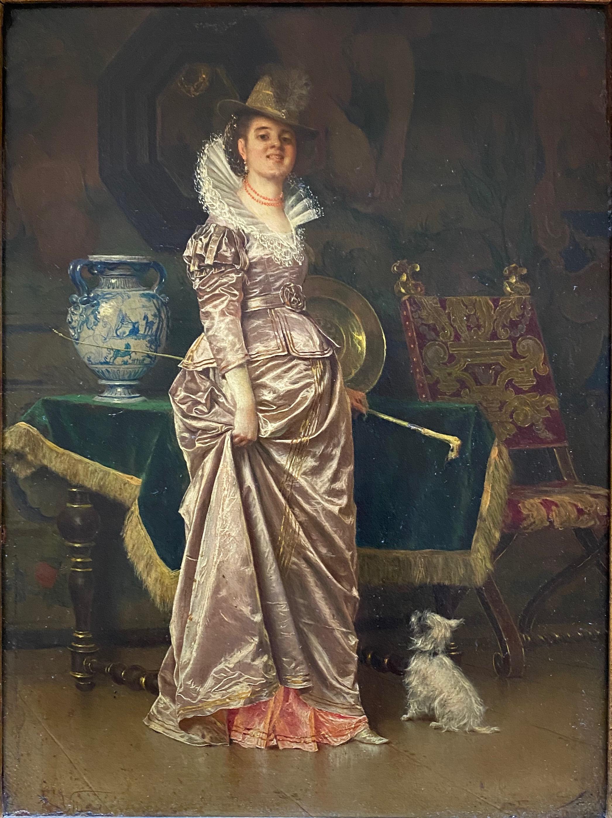 Lady with Her Dog - Painting by Francesco Vinea