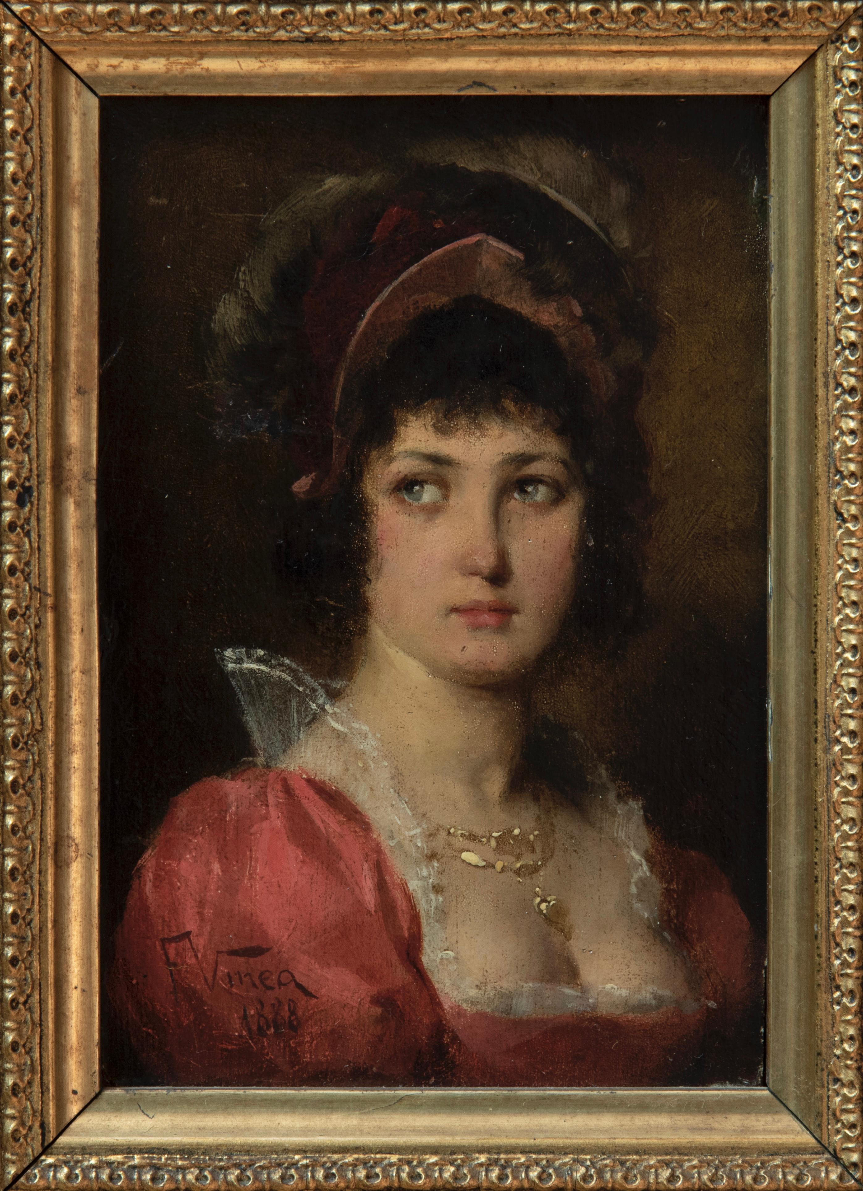 Francesco Vinea portrait of a woman
Portrait of Empire taste
Work by painter Francesco Vinea ( Forli 1845- Florence 1902).
Oil on canvas, depicting a young woman in Empire style in red dress with beautiful gold necklace. Signed and dated at lower