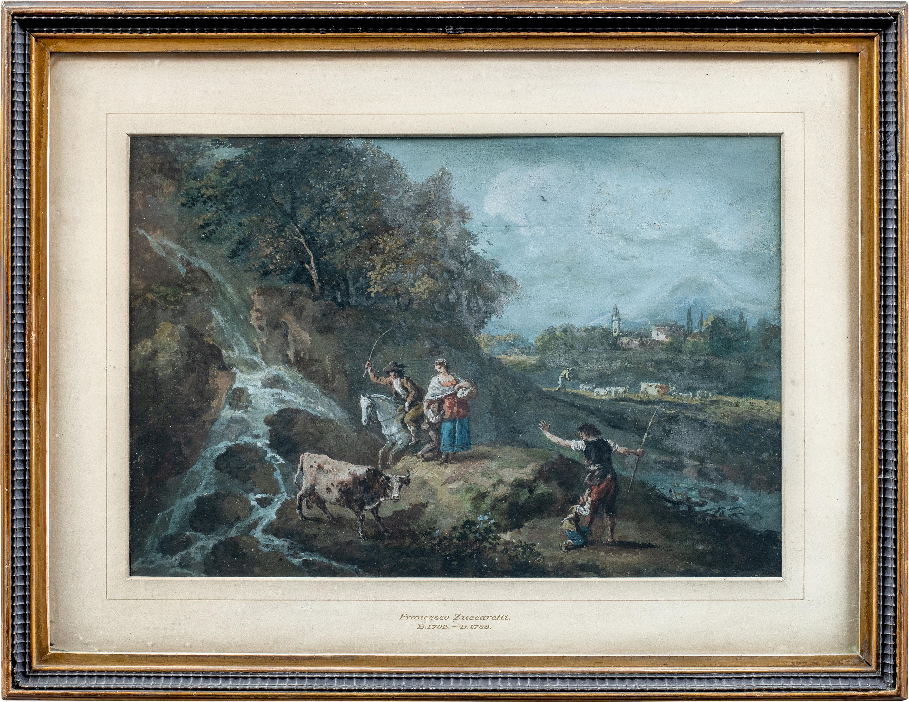 Francesco Zuccarelli (Pitigliano 1702 - Firenze 1788) - Paesaggio fluviale con pastori e greggi.

31 x 46 cm senza cornice, 47,5 x 57 cm con cornice.

Tempera su carta, in una cornice di legno dorato.

- Il dipinto è certamente attribuito alla mano