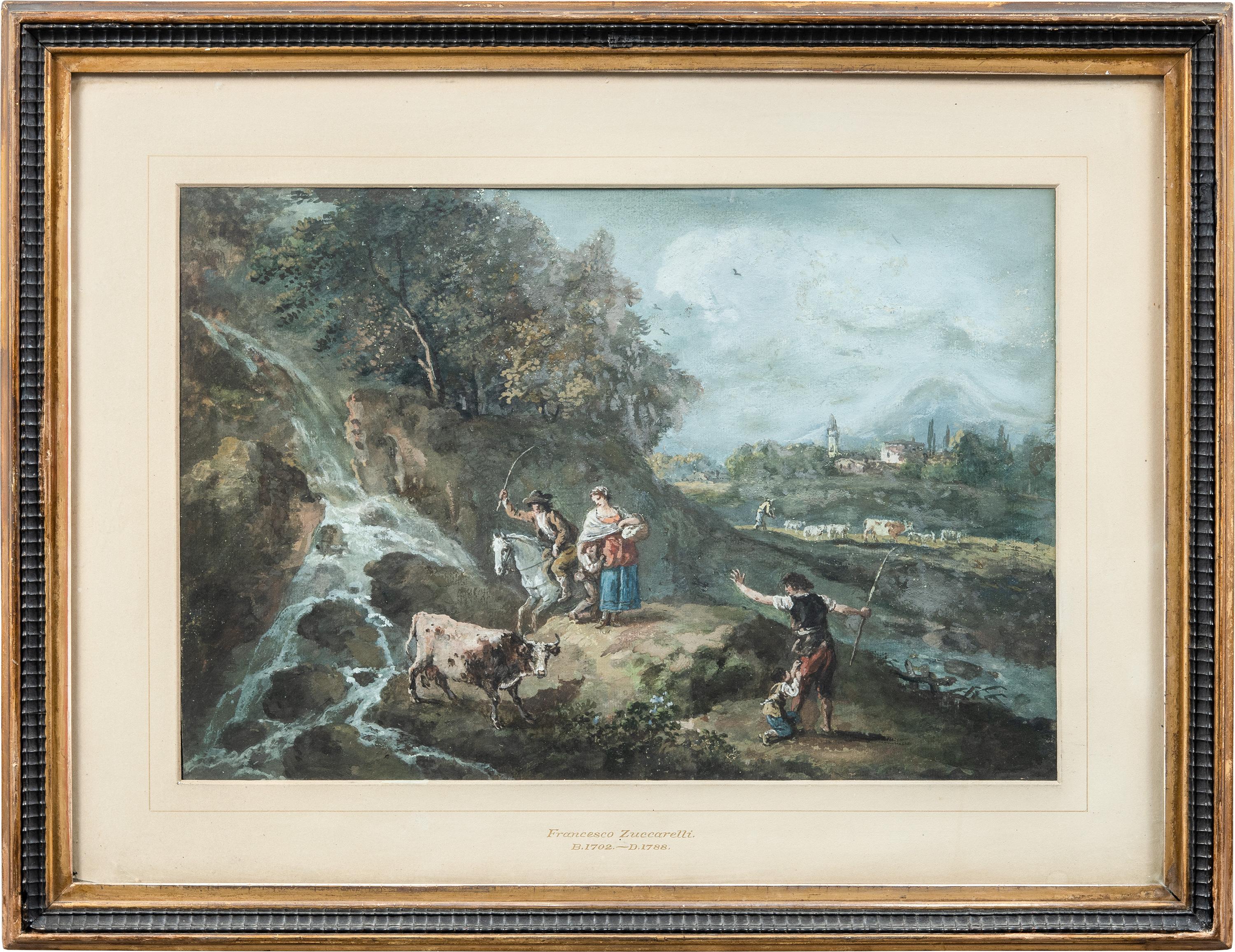 Francesco Zuccarelli (Pitigliano 1702 - Florence 1788) - River landscape with shepherds and herds.

31 x 46 cm without frame, 47.5 x 57 cm with frame.

Tempera on paper, in giltwood frame.

Condition report: Excellent state of conservation of the