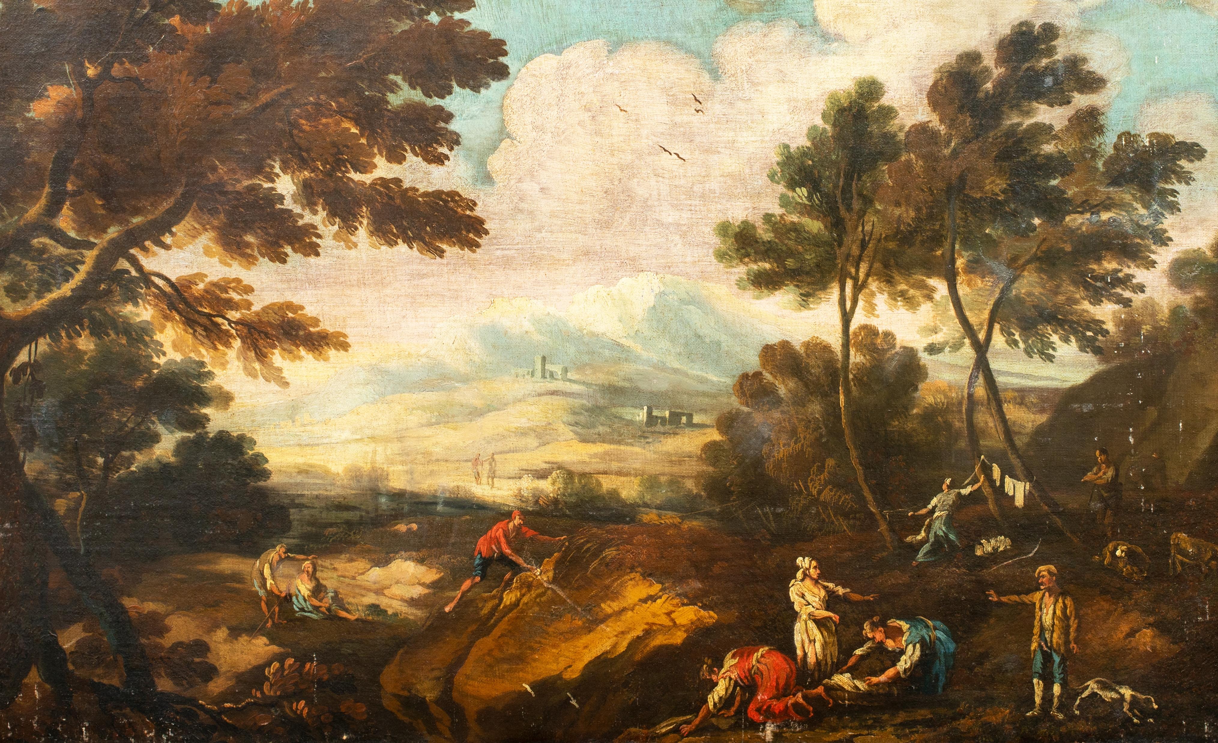 Landscape, 18th Century

Circle of Francesco Zuccarelli (1702-1788)

Large 18th century Italian Landscape with figures, oil on canvas. Excellent large scale landscape with a companion piece we are also listing from the school of Francesco