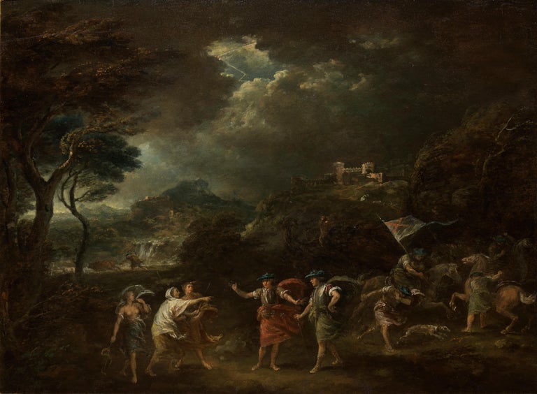 This painting, created during Zuccarelli's stay in England, represents the decisive moment when Macbeth, together with Banquo, meets the three witches who announce that he will be King. As the first European painting depicting theatrical characters