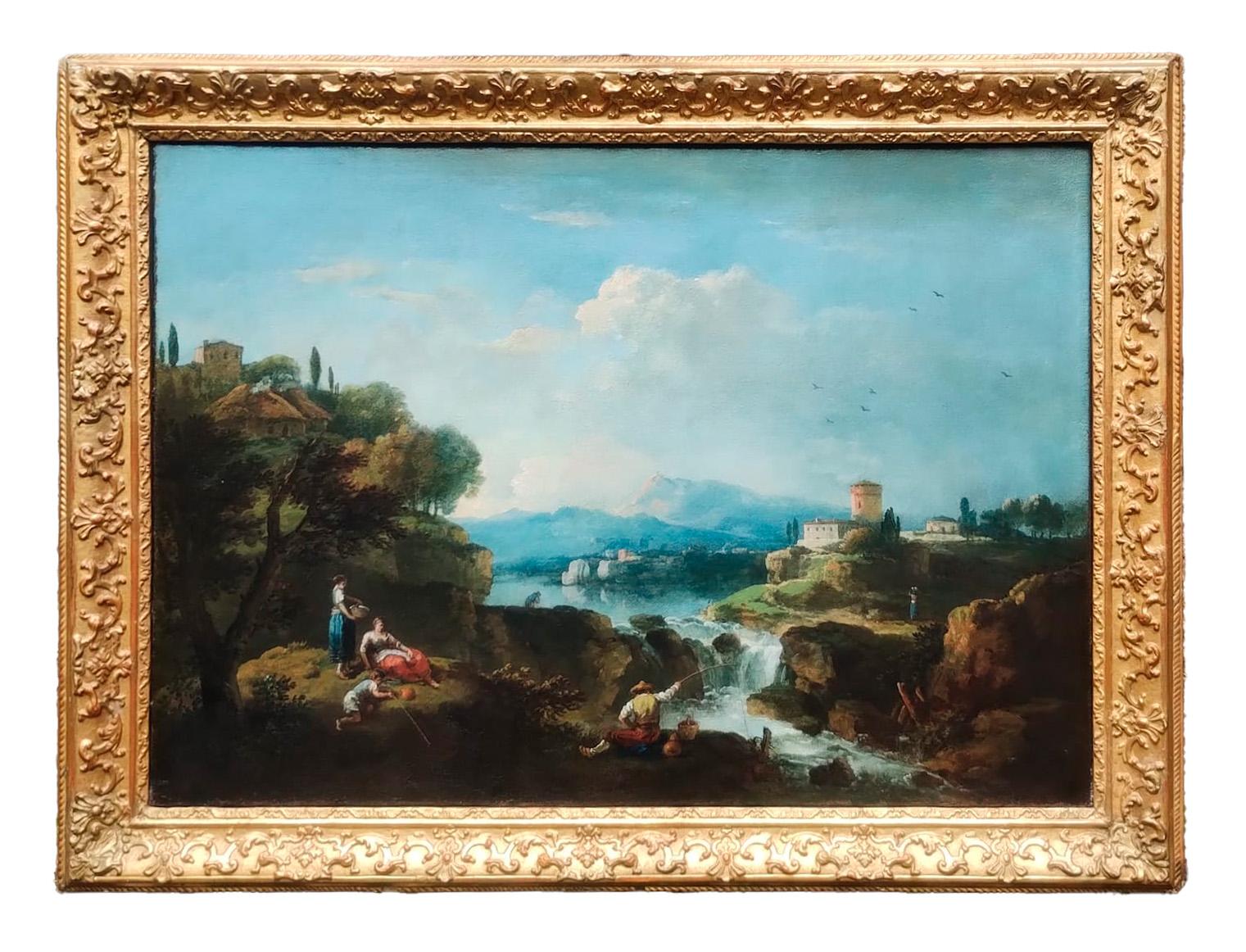Landschaft mit Fluss und Wasserfall aus dem 18. Jahrhundert von Francesco Zuccarelli – Painting von Francesco Zuccarelli (Pitigliano, 1702 - Florence, 1788)