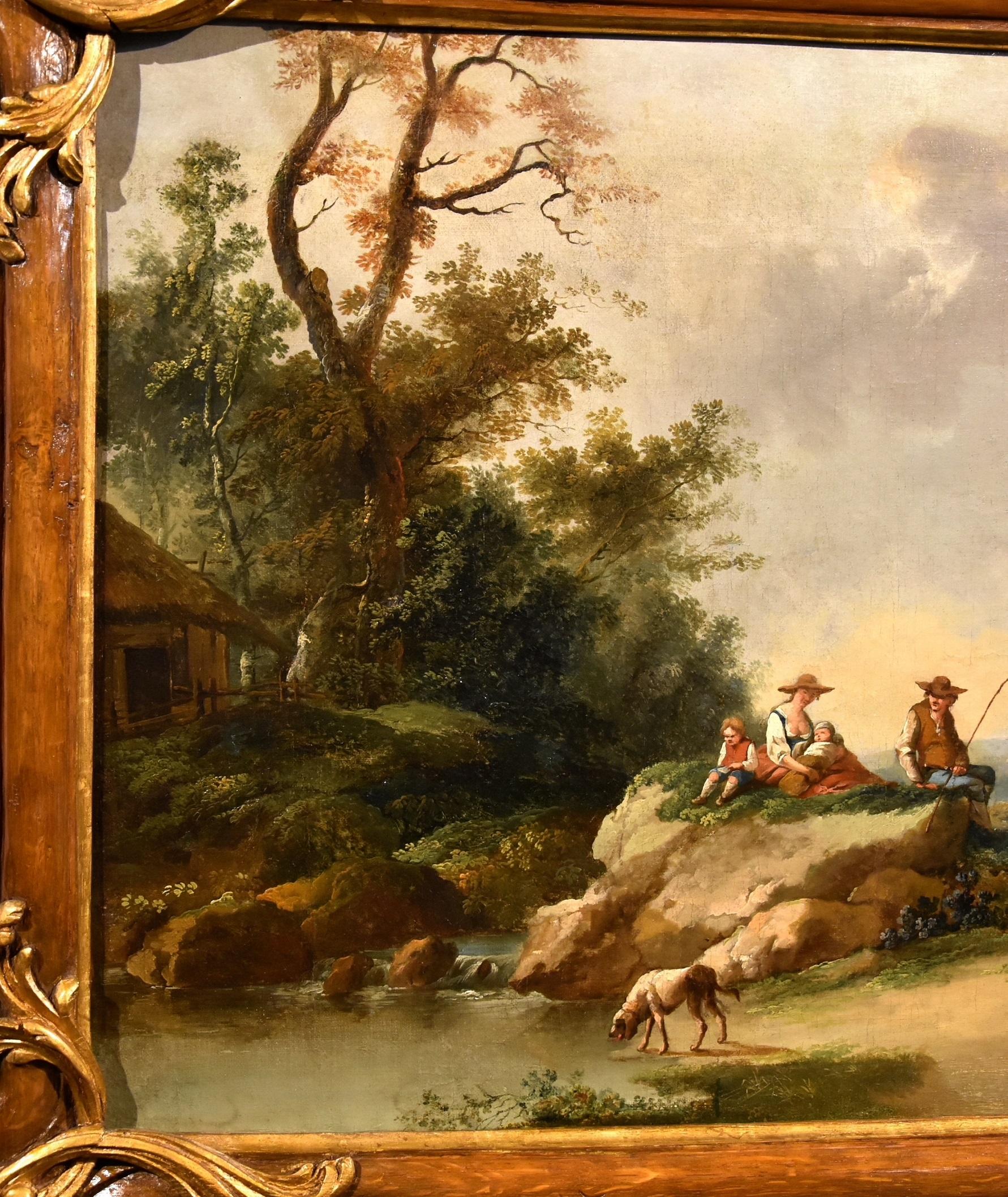 Paesaggio fluviale Zuccarelli 18° secolo Olio su tela Vecchio maestro Italia Arte - Landscape Painting Marrone di Francesco Zuccarelli (Pitigliano 1702 - Florence 1788)