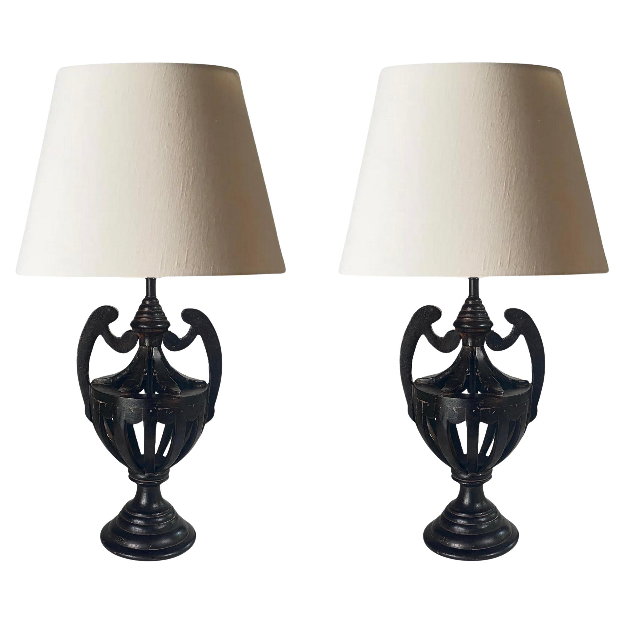 Franch Pair of Solid Wood Table Lamps Black Color 20th Century For Sale