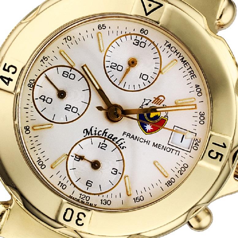 Franchi Menotti Chronograph in 18k on leather strap. Auto w/ date and chronograph. 37 mm case size. Ref 95043614. Fine Pre-owned FRANCHI MENOTTI Watch.  Certified preowned FRANCHI MENOTTI Chronograph michaelis watch is made out of yellow gold on a