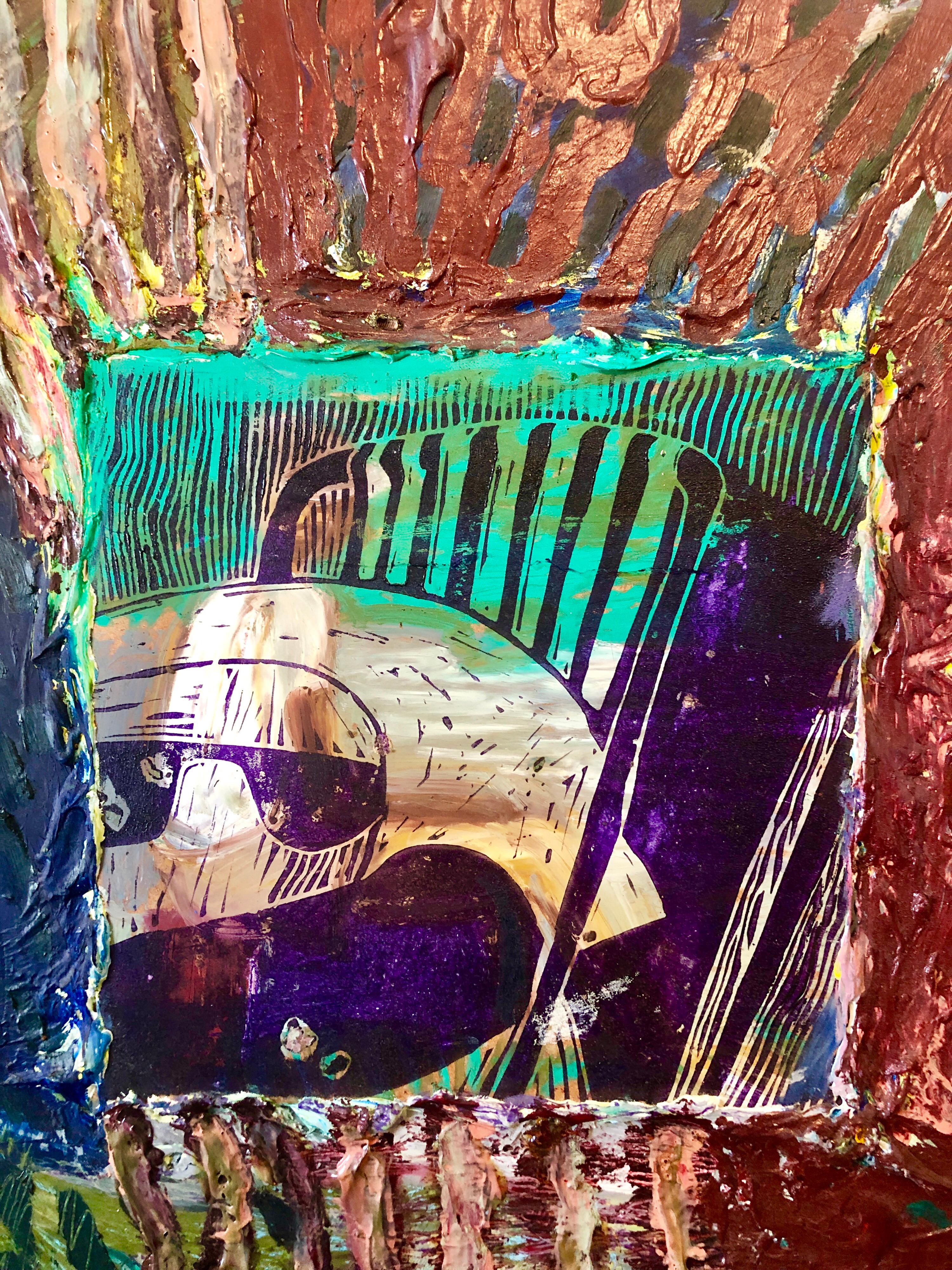 Her Grandson, Mixed Media Painting Collage Wall Construction FIgural Abstraction - Brown Abstract Painting by Francie Bishop Good