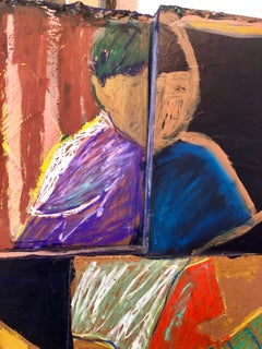 Elle observe l'art des techniques mixtes, collage de peinture, construction murale, abstraction figurative