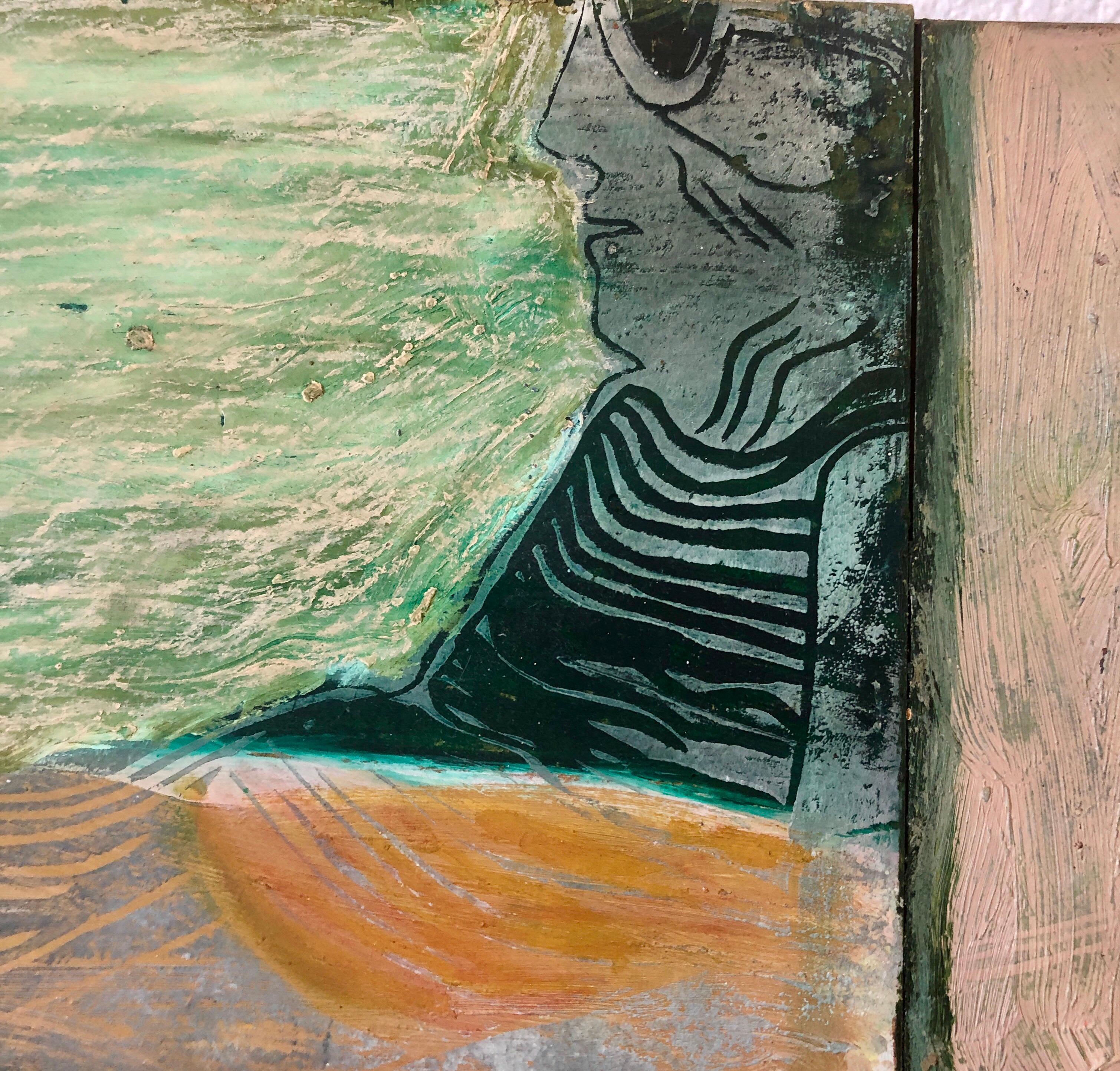 Elle observe l'art des techniques mixtes, collage de peinture, construction murale, abstraction figurative - Postmoderne Painting par Francie Bishop Good