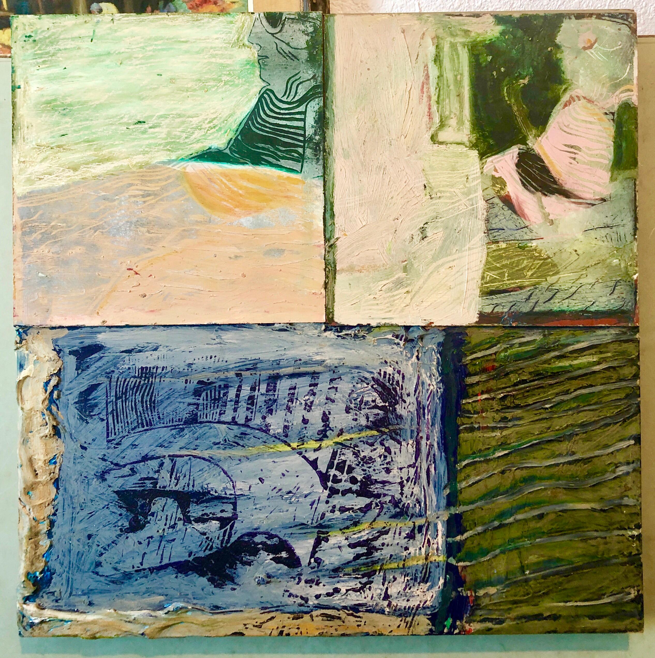 Francie Bishop Good Abstract Painting – Sies Watching Mixed Media-Gemälde, Collage, Wandkonstruktion, figürliche Abstraktion