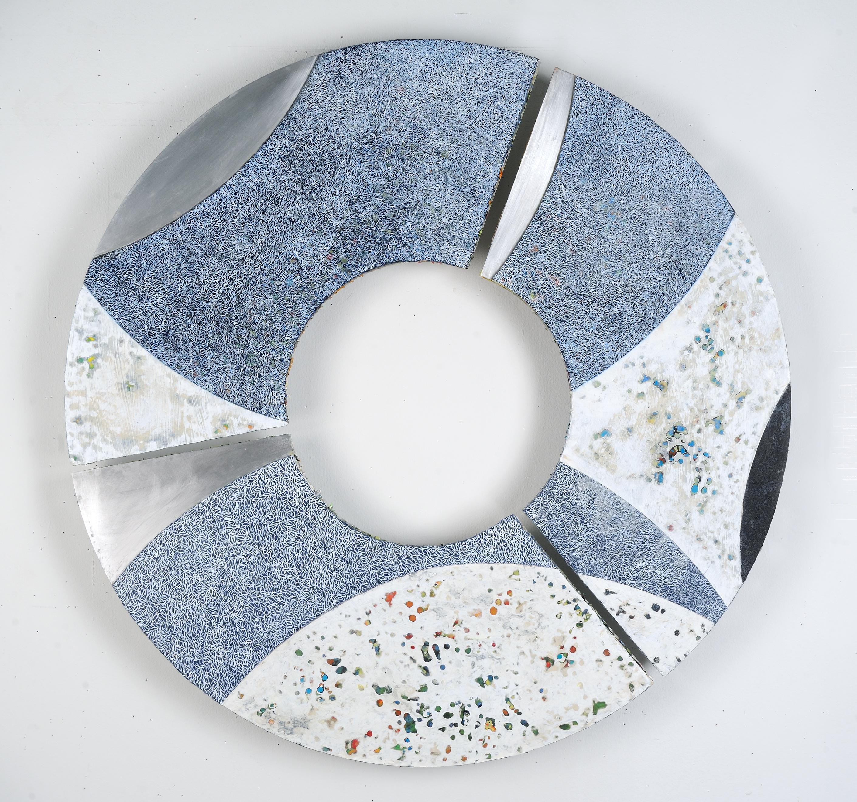 Francie Hester Abstract Painting - Convex #29, blue and white mixed media painting on aluminum, abstract