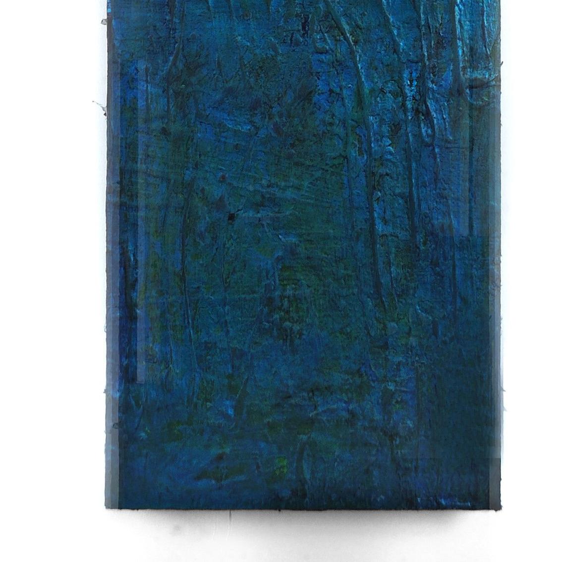Strata 18-1, acrylic and wax on metal, 58 x 12 inches. Blue and green sectors - Painting by Francie Hester