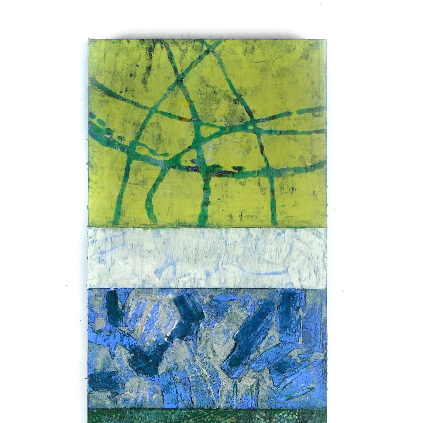 Strata 18-1, acrylic and wax on metal, 58 x 12 inches. Blue and green sectors - Contemporary Painting by Francie Hester