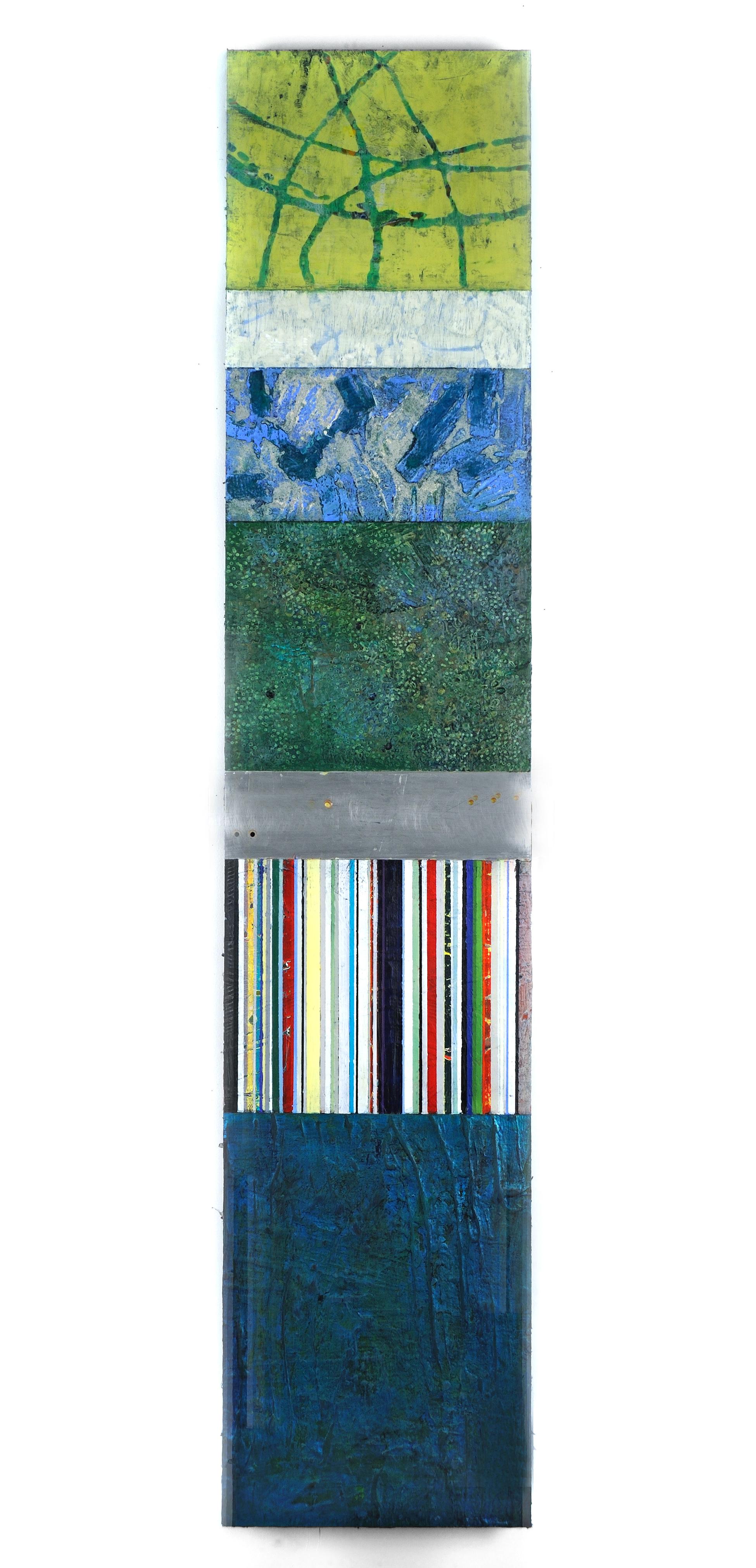 Francie Hester Abstract Painting - Strata 18-1, acrylic and wax on metal, 58 x 12 inches. Blue and green sectors