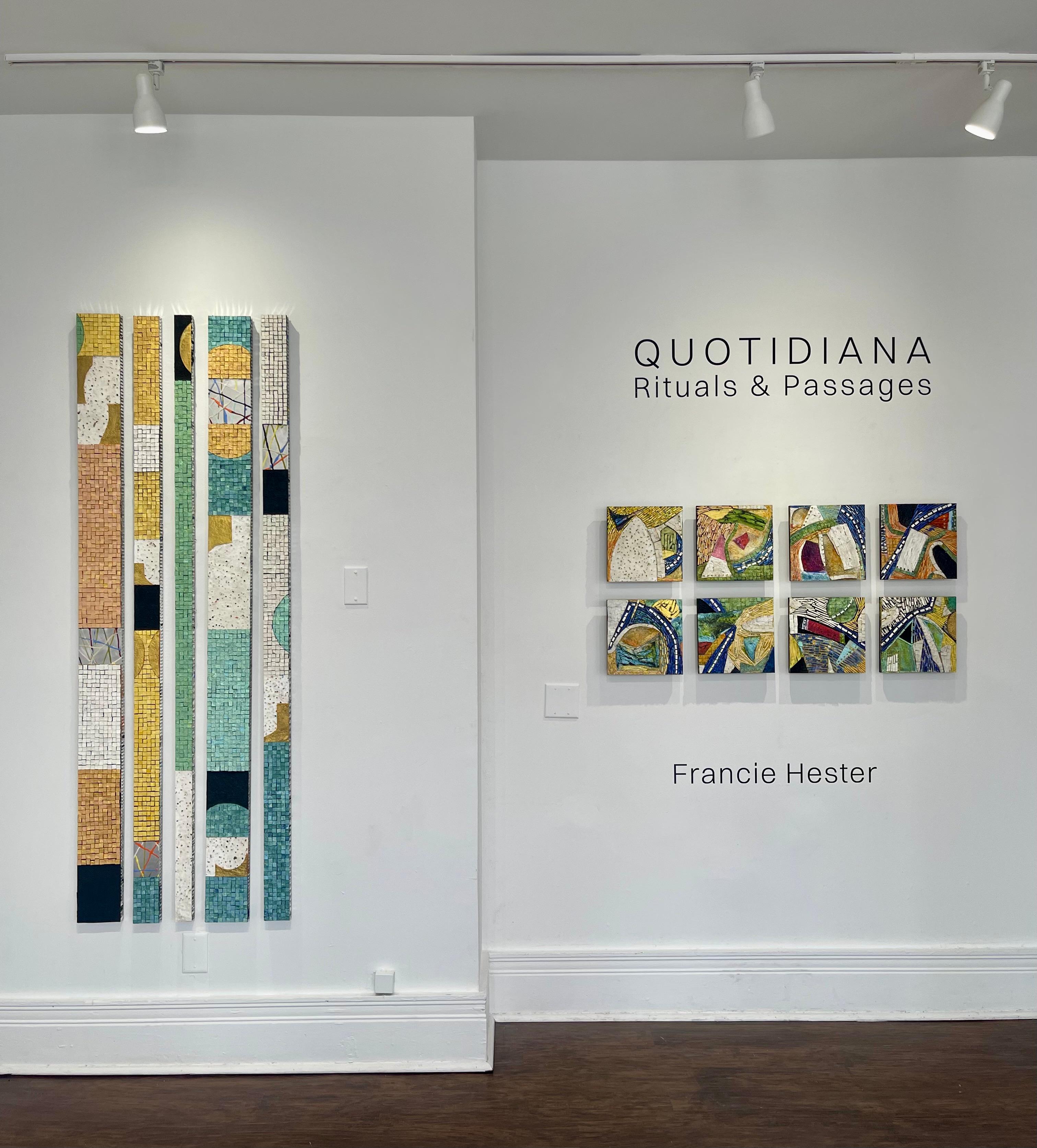 The 2025 series was created as a result of a 2-month artist residency in Monte San Martino, Italy in the summer of 2025.  Francie Hester embeds fragments, echoing mosaics, onto the surfaces of almost all the work created at this residency. These
