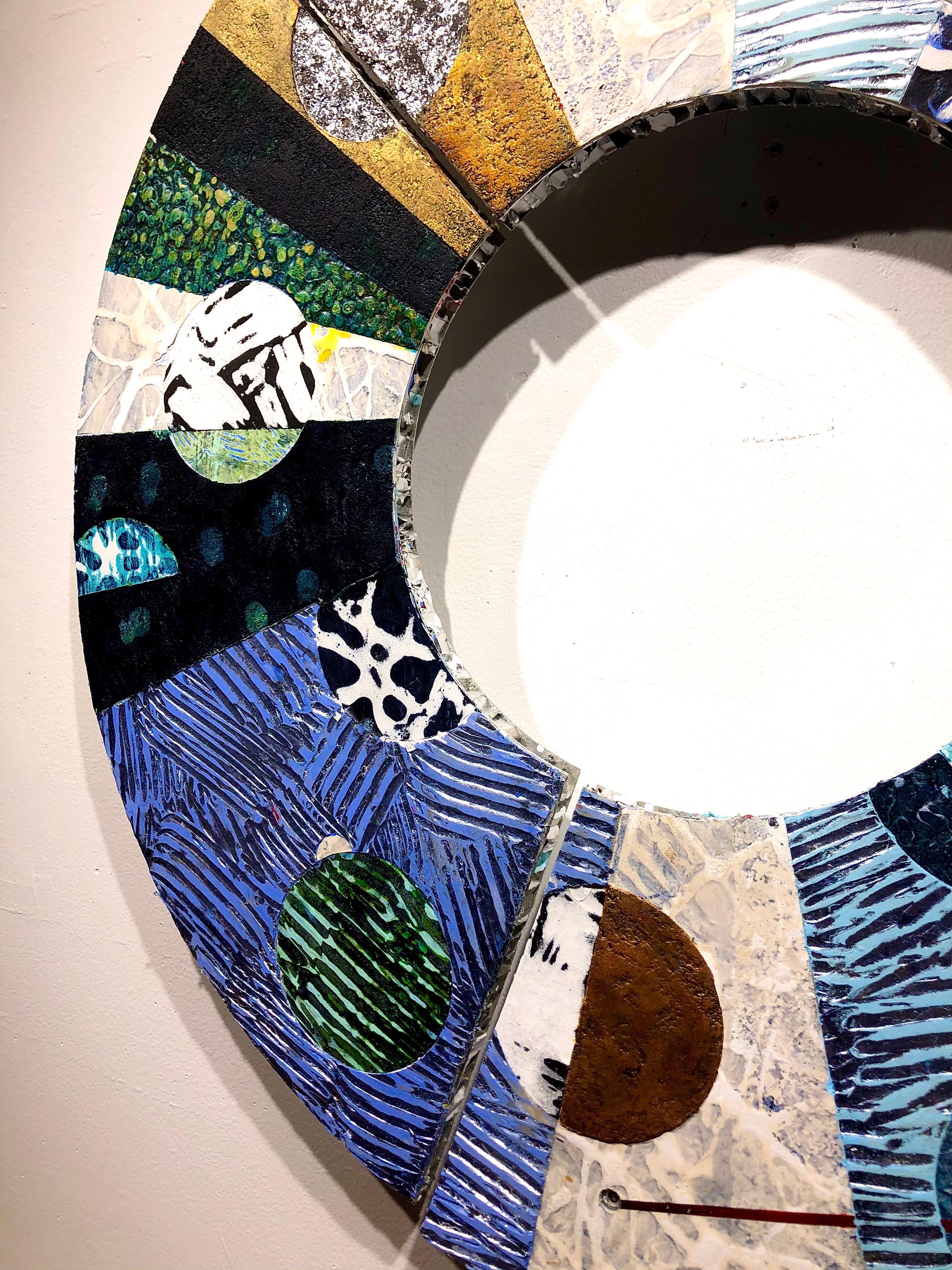 Convex #33, mixed media abstract painting on aluminum, three piece circle, 29