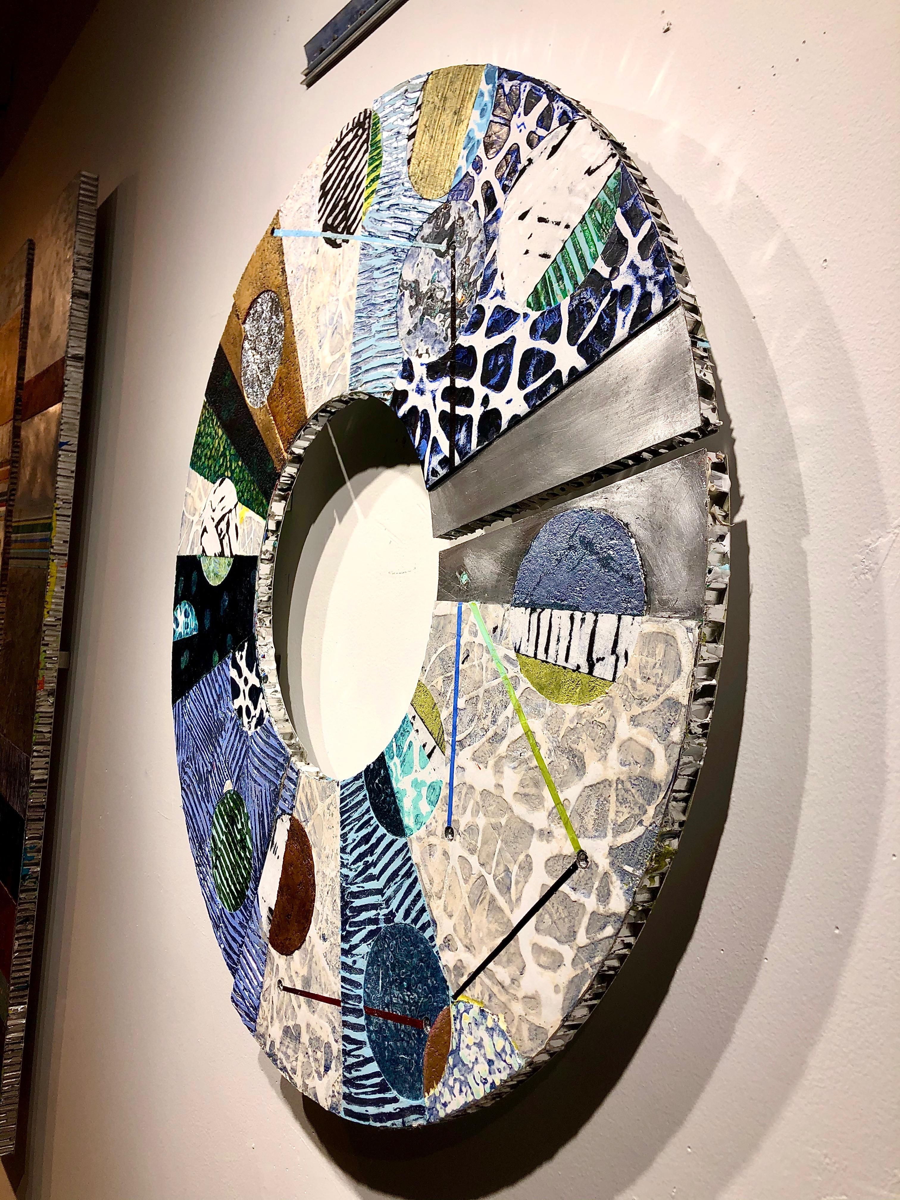 Convex #33, mixed media abstract painting on aluminum, three piece circle, 29