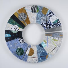 Convex #33, mixed media abstract painting on aluminum, three piece circle, 29"