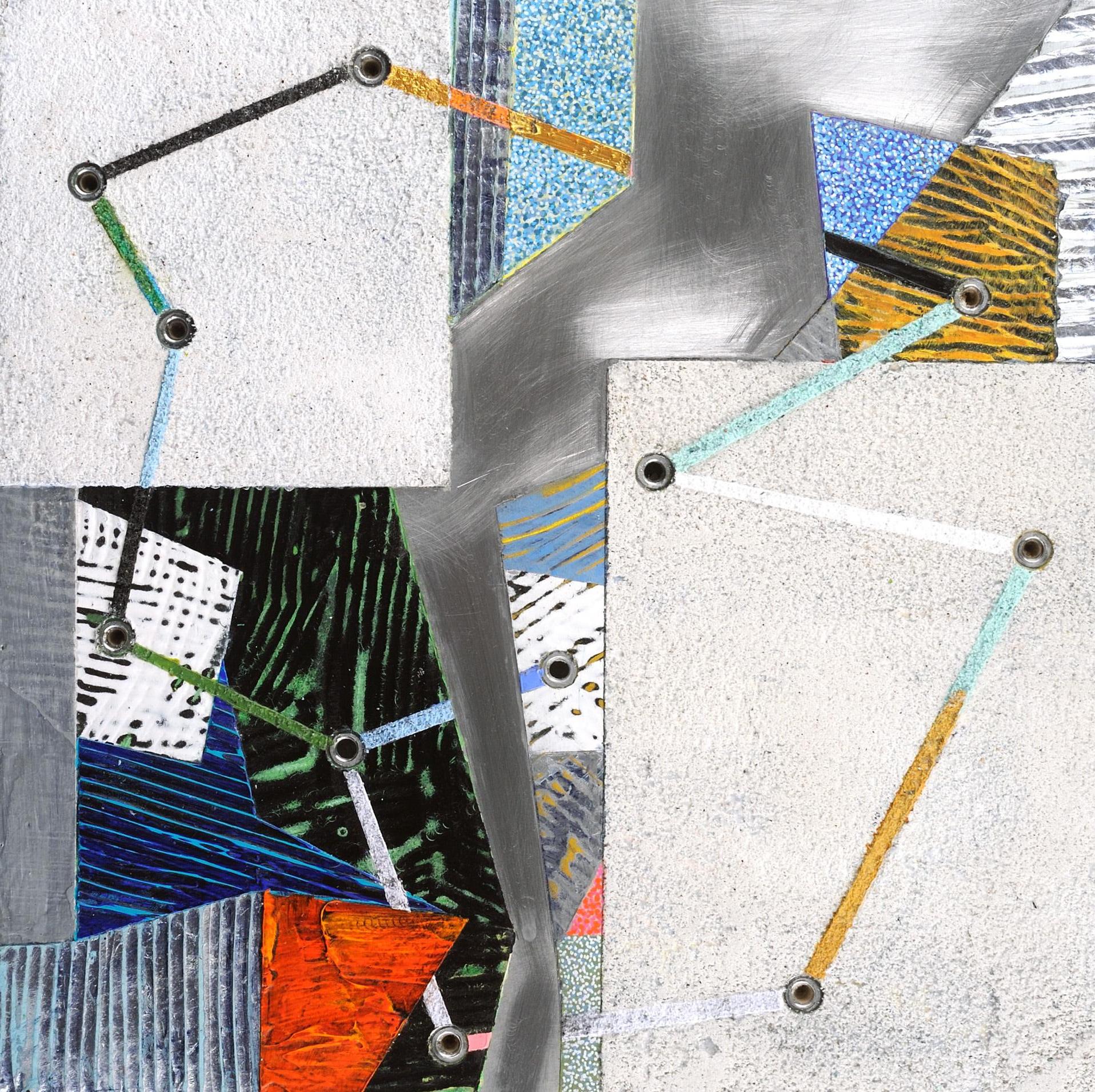 Francie Hester Abstract Painting - Crossing Lines #12, abstract mixed media painting on aluminum, multicolored