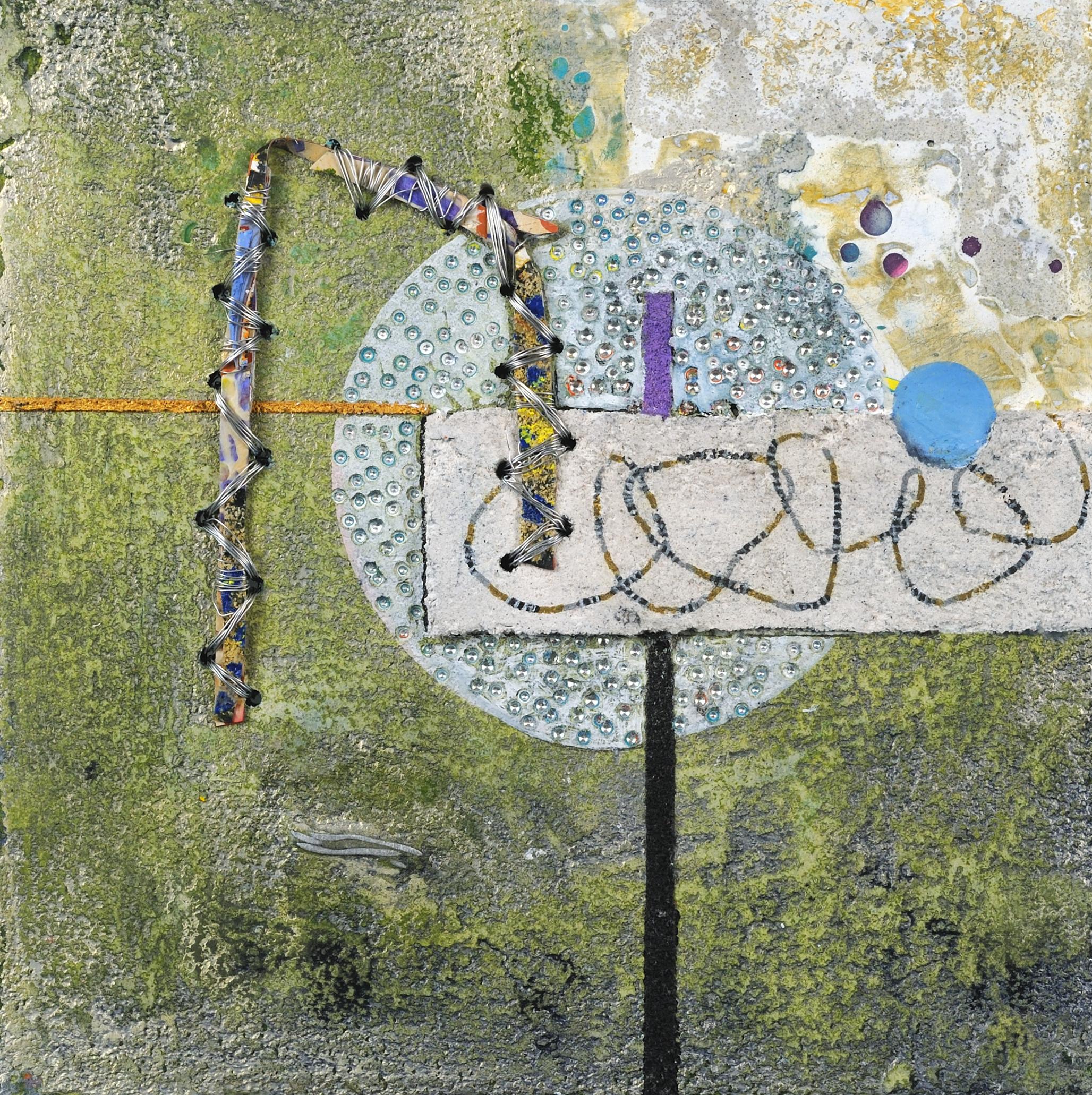 Crossing Lines #2, abstract mixed media painting on aluminum panel, green