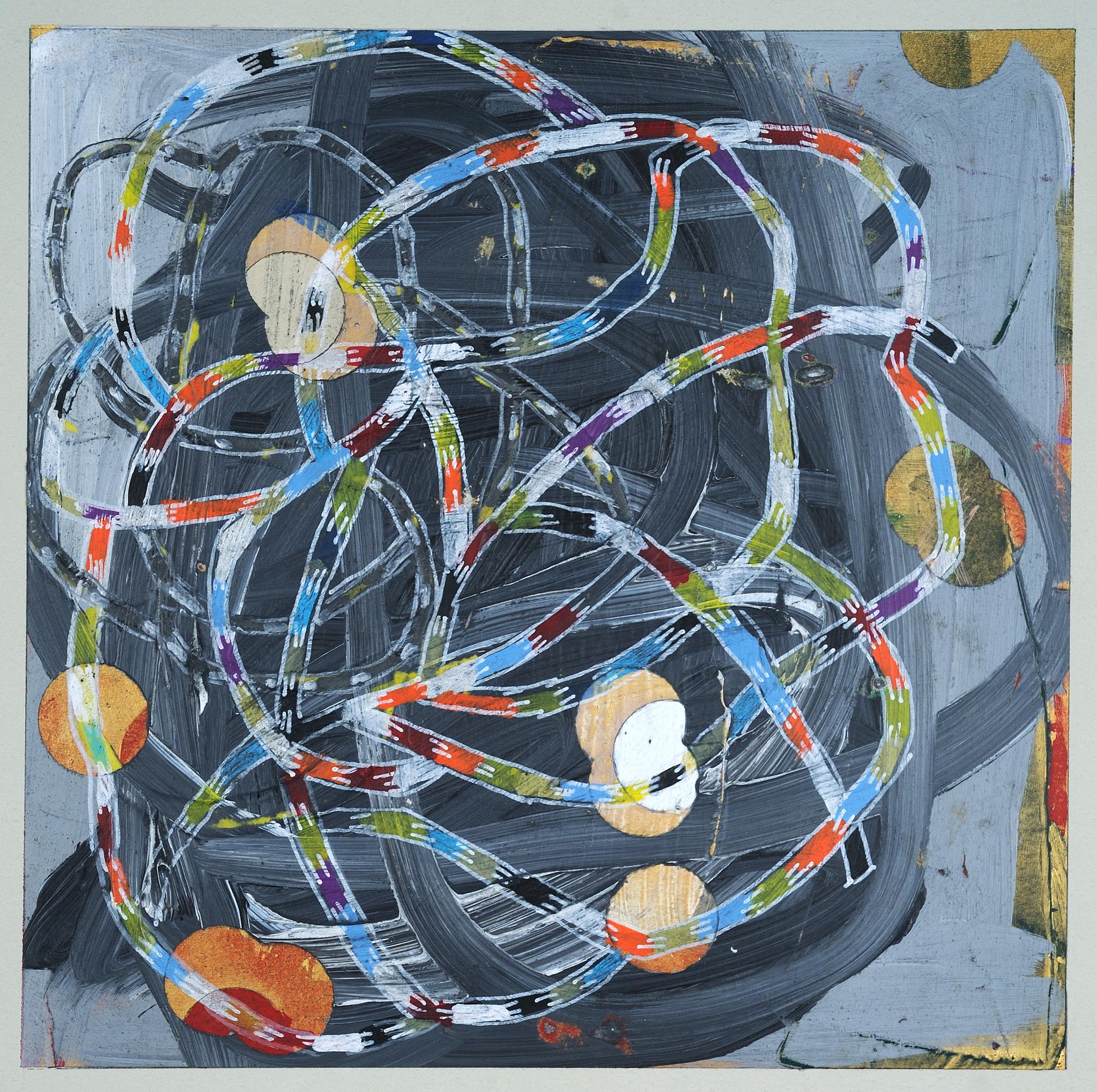 Abstract Painting de Francie Hester - Entrelazados 20-1, pequeña obra de técnica mixta sobre papel, azul