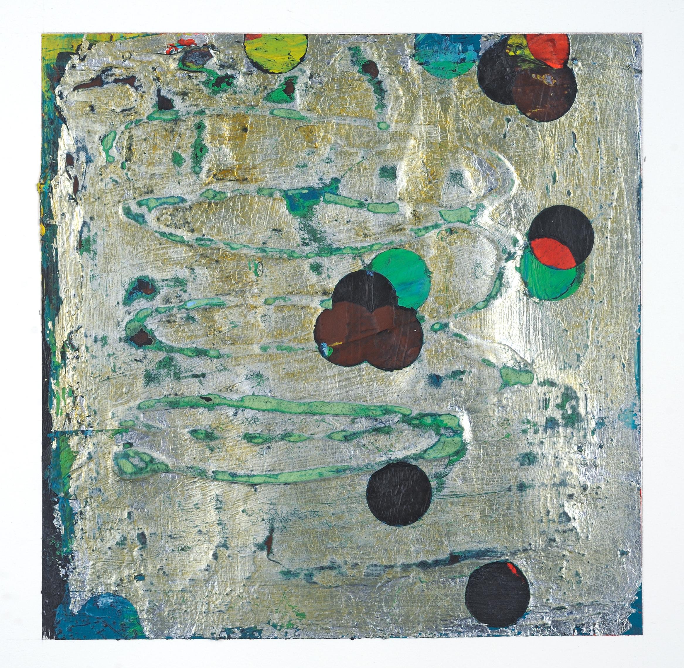 Francie Hester Abstract Painting - Intertwined 20-14, small mixed media work on paper, green and silver