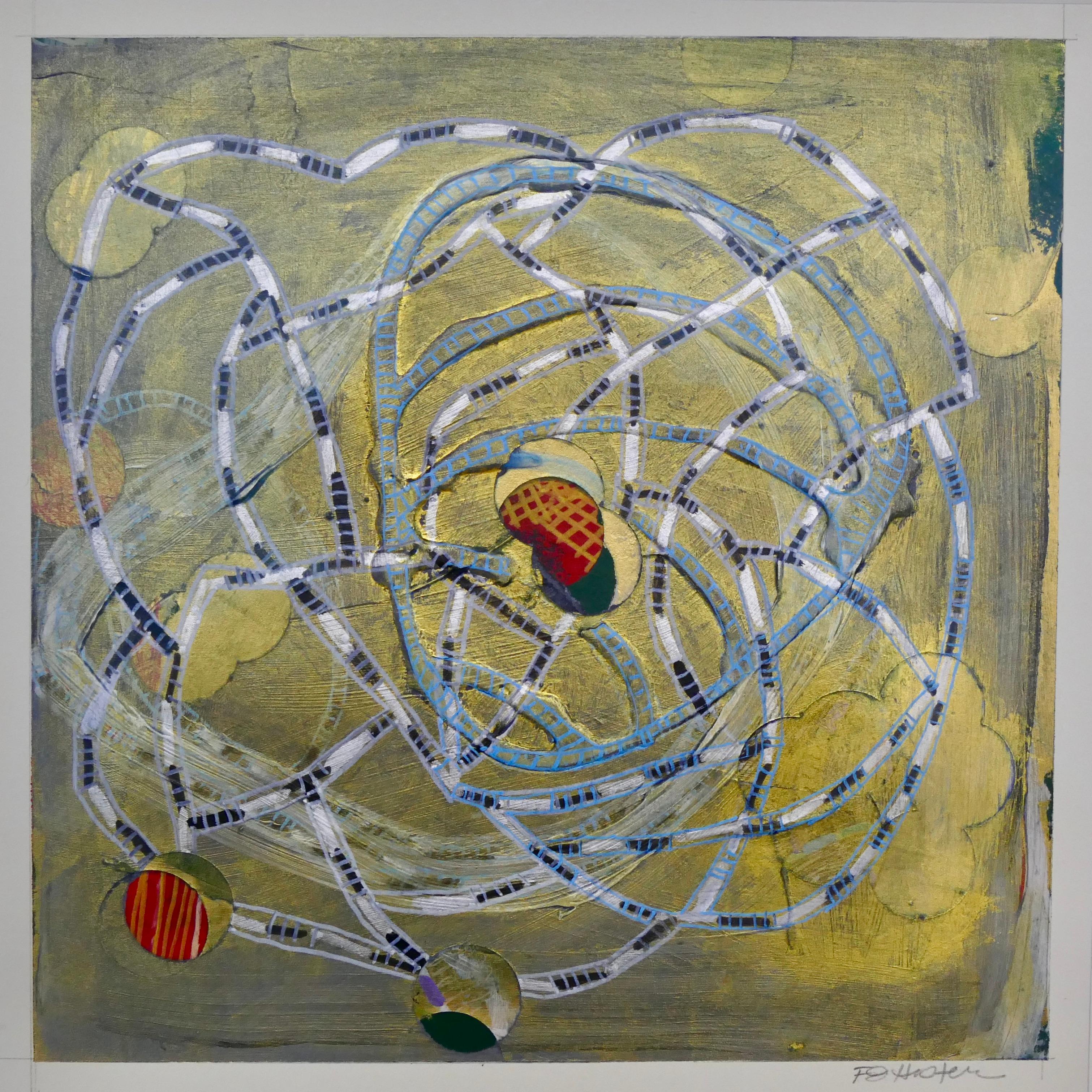 Francie Hester Abstract Painting - Intertwined 20-2, small mixed media work on paper, yellow and silver