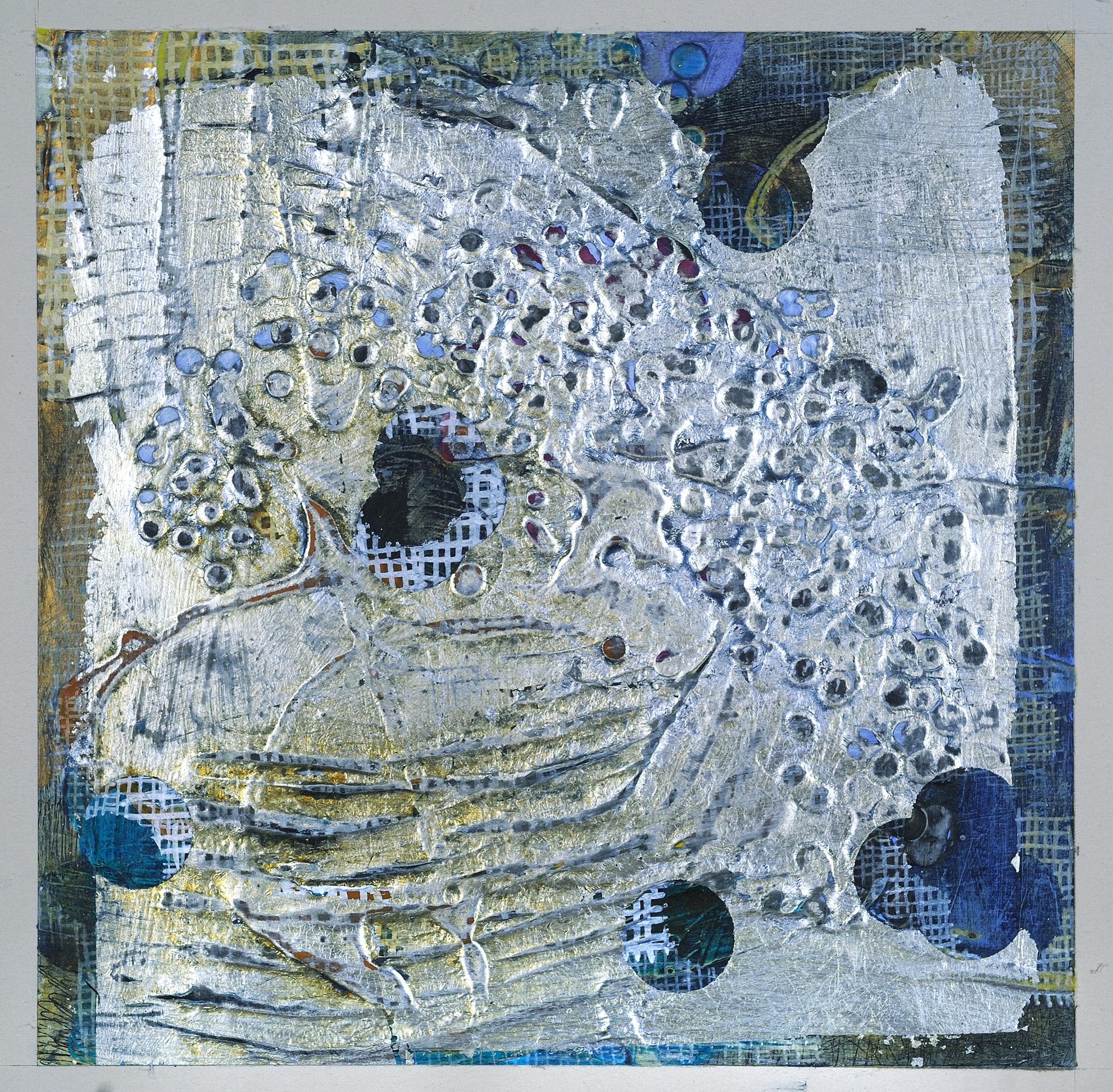 Francie Hester Abstract Painting - Intertwined 20-8, small mixed media work on paper, blue and silver