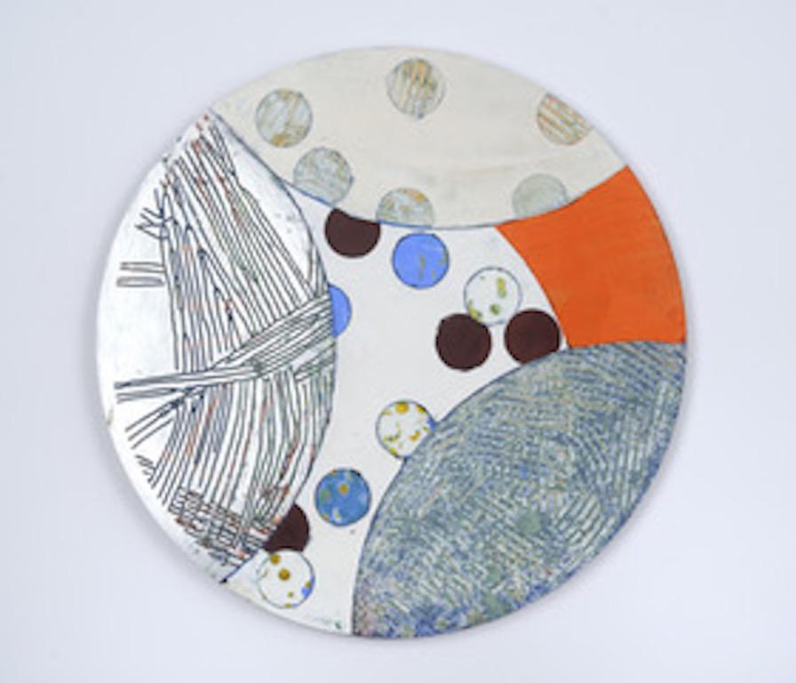 Portal #1, silver and orange mixed media painting on aluminum