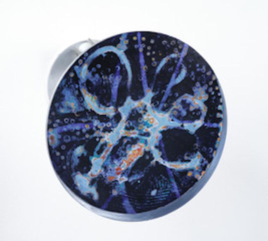 Francie Hester Abstract Painting – Portal #14, dark blue mixed media painting on aluminum