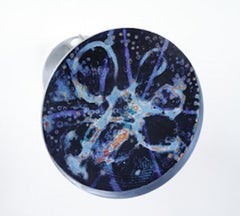 Portal #14, dark blue mixed media painting on aluminum