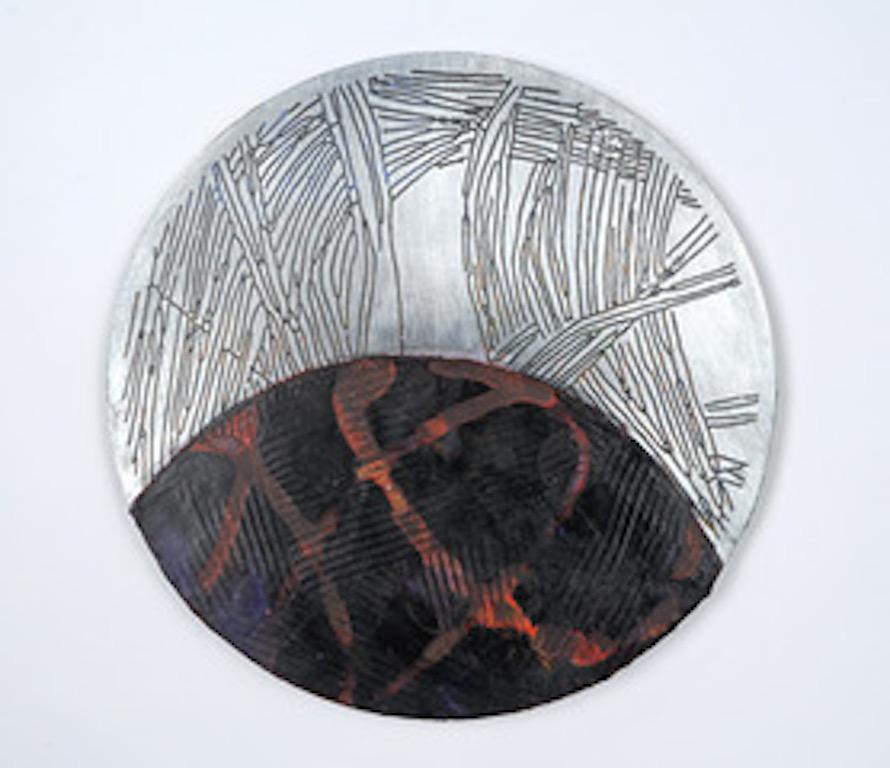 Francie Hester Abstract Painting - Portal #6, silver and black mixed media painting on aluminum