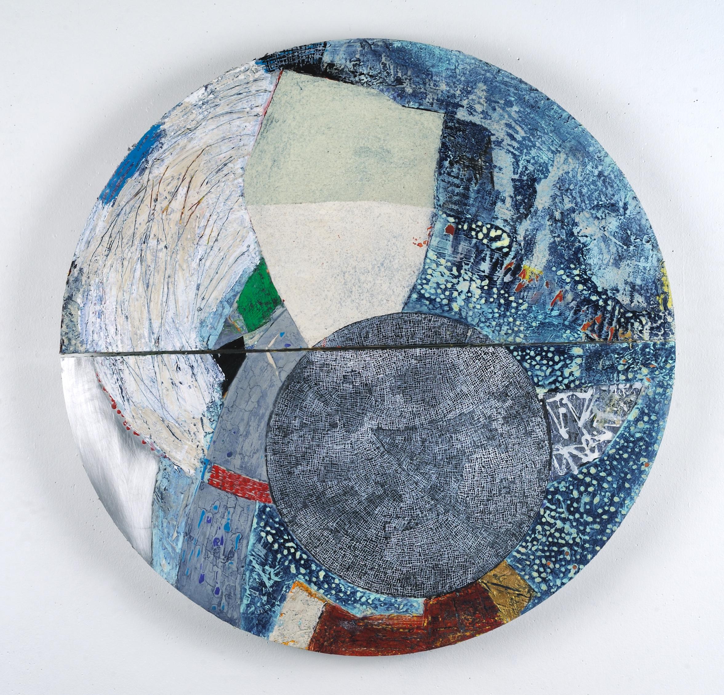 Francie Hester Abstract Sculpture - Unfolding J, blue abstract painting on aluminum, mixed media