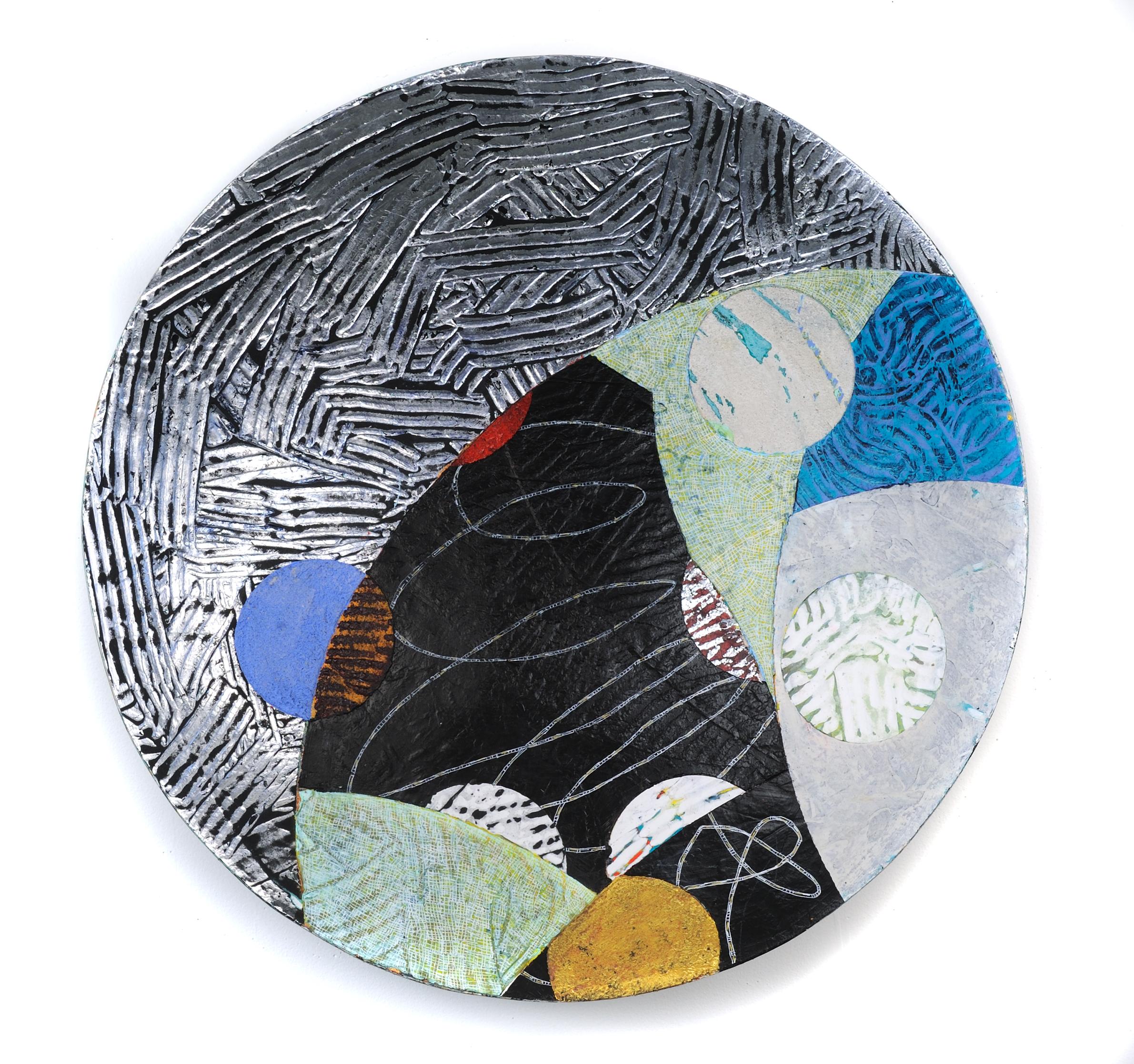 Vessel #2, multicolored mixed media sculptural piece, textured, 22" diameter