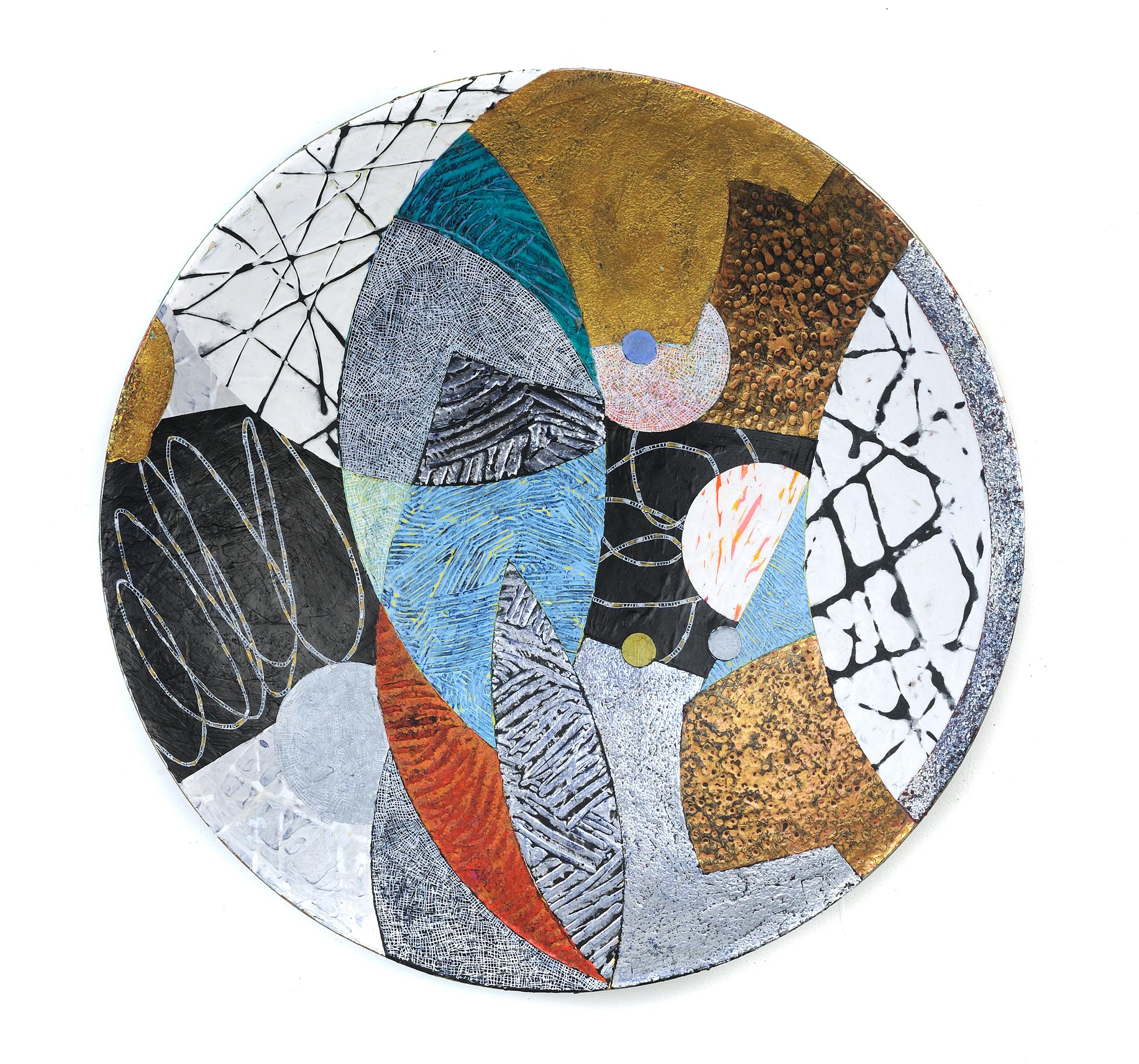 Francie Hester Abstract Painting - Vessel #7, multicolored mixed media sculptural piece, textured, 22" diameter