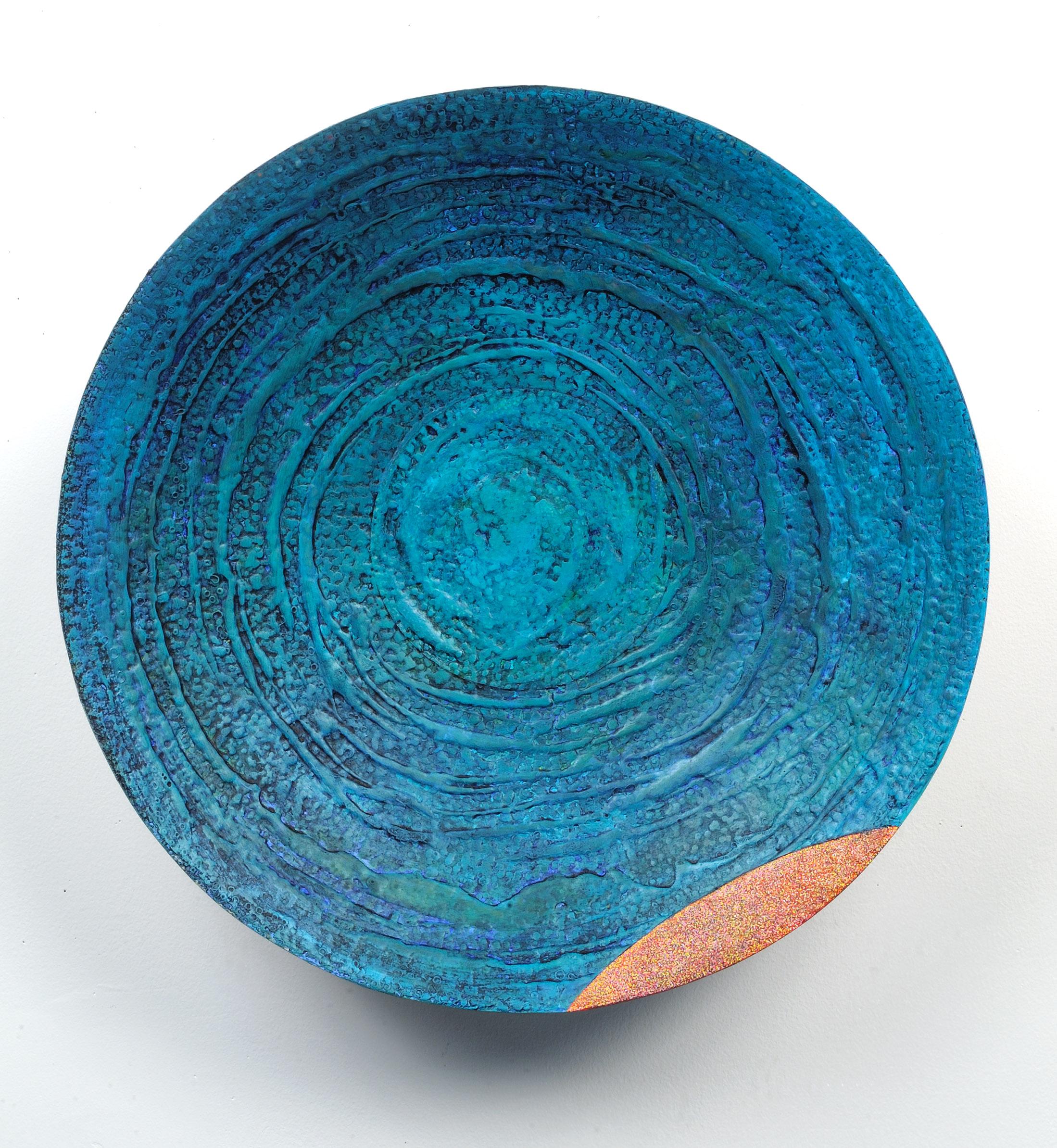 Francie Hester Abstract Sculpture - Vessel E, blue and orange abstract painting on plexiglass, mixed media