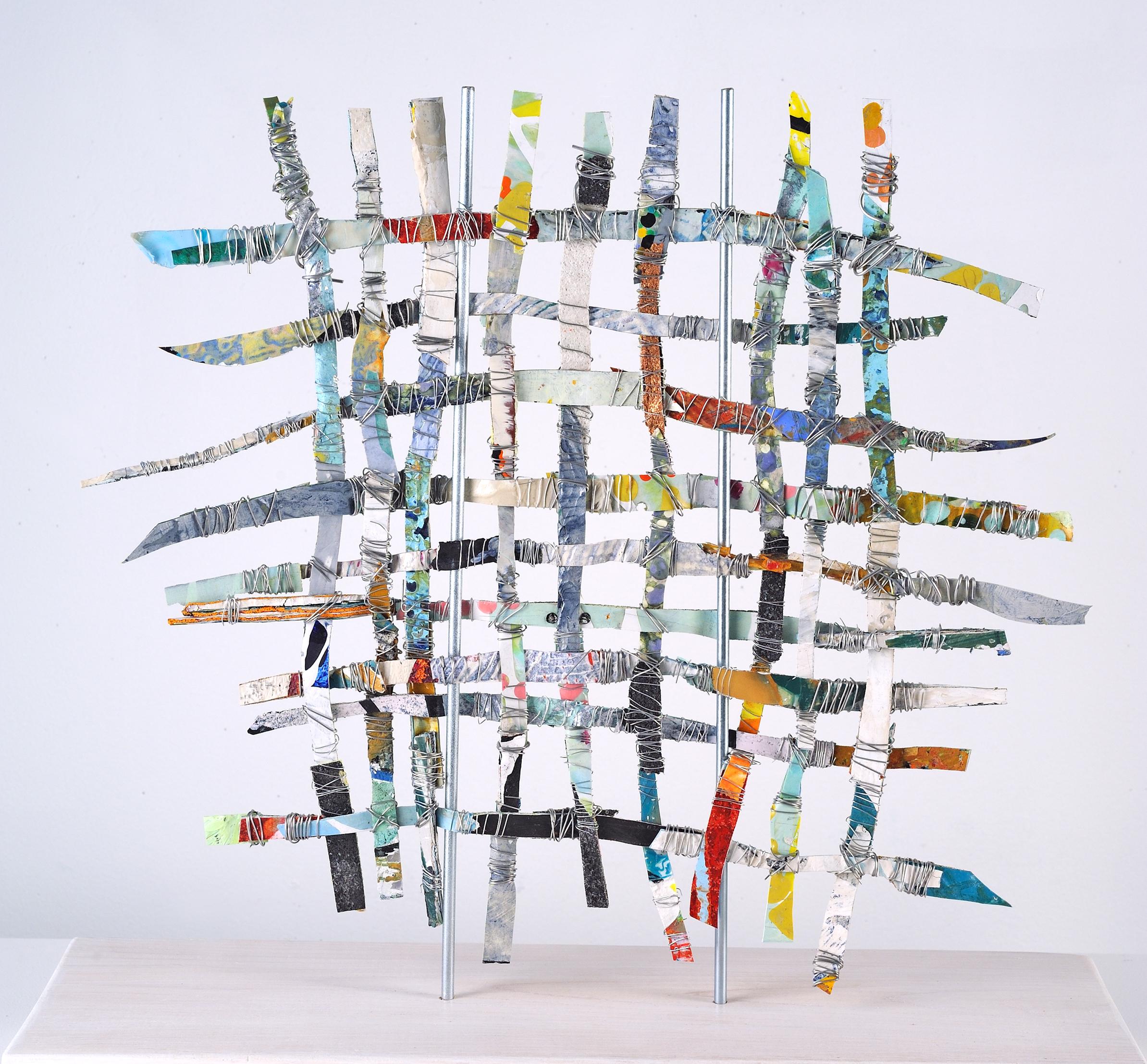 Renewal #1, mixed media aluminum sculpture, multicolored grid, 16 x 16 inches - Sculpture by Francie Hester