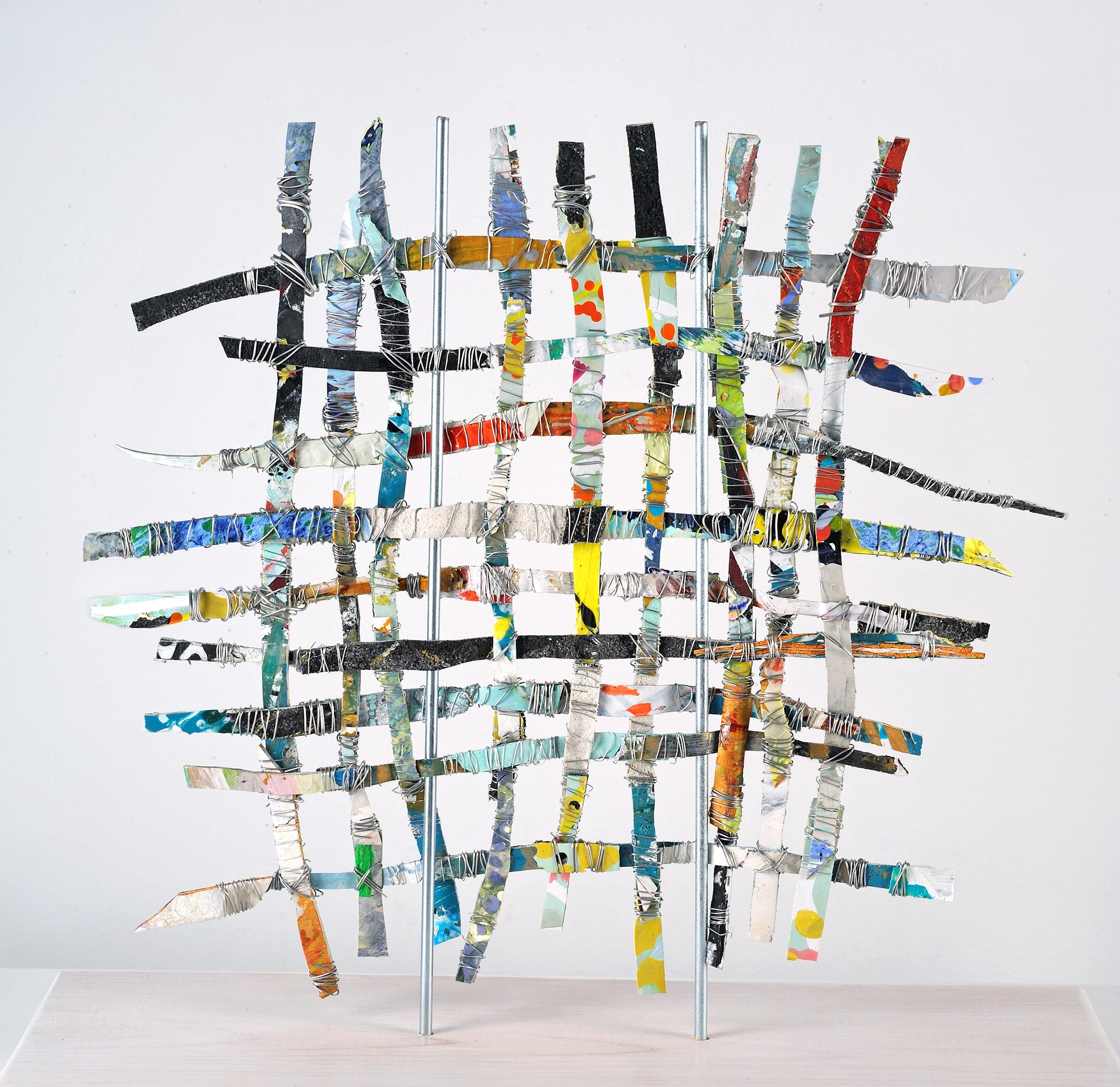 Francie Hester Abstract Sculpture - Renewal #1, mixed media aluminum sculpture, multicolored grid, 16 x 16 inches