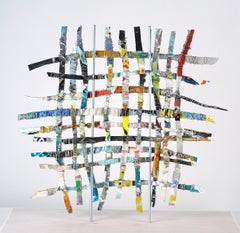 Renewal #1, mixed media aluminum sculpture, multicolored grid, 16 x 16 inches