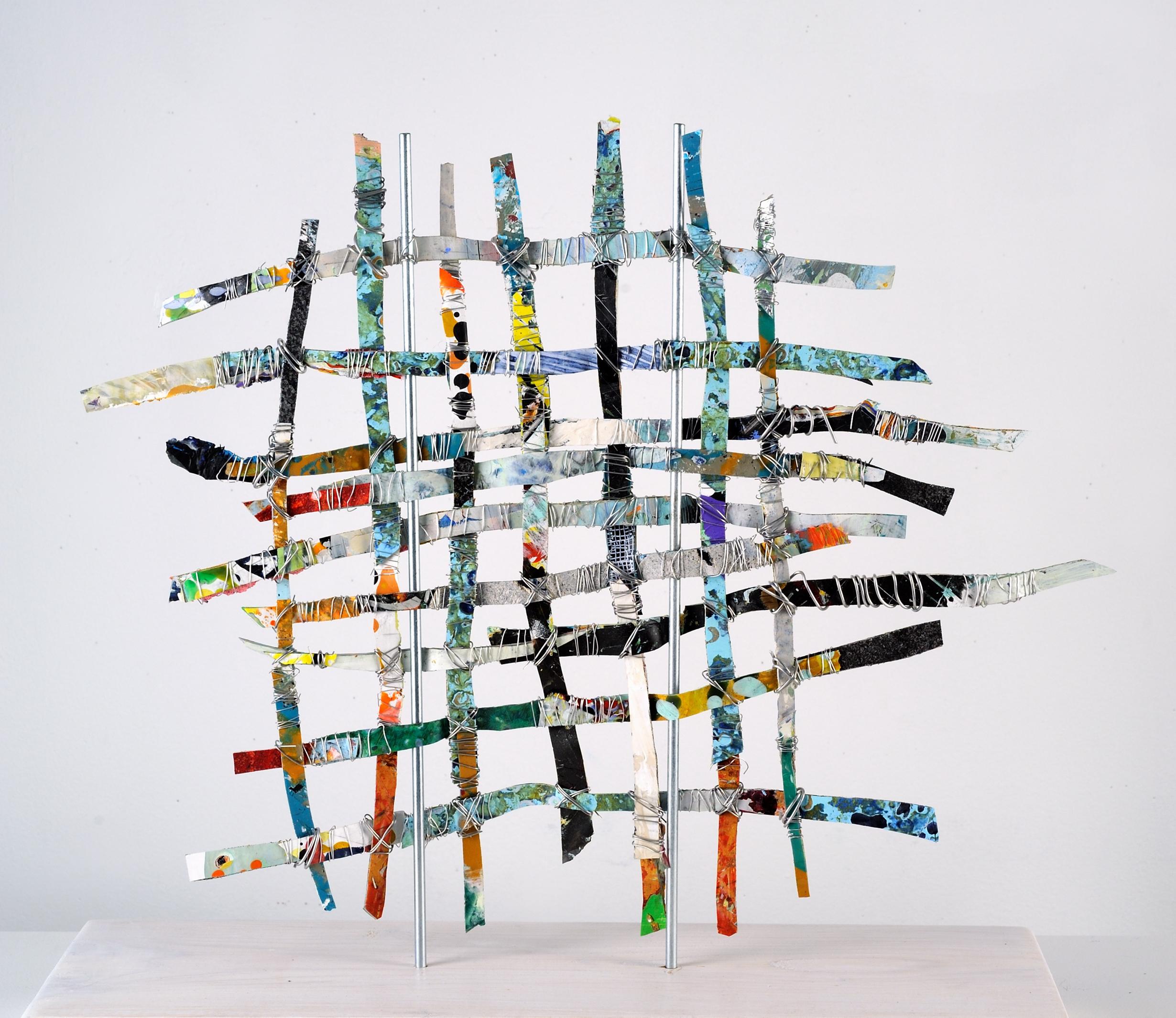 Renewal #2, mixed media aluminum sculpture, multicolored grid, 16 x 16 inches - Sculpture by Francie Hester