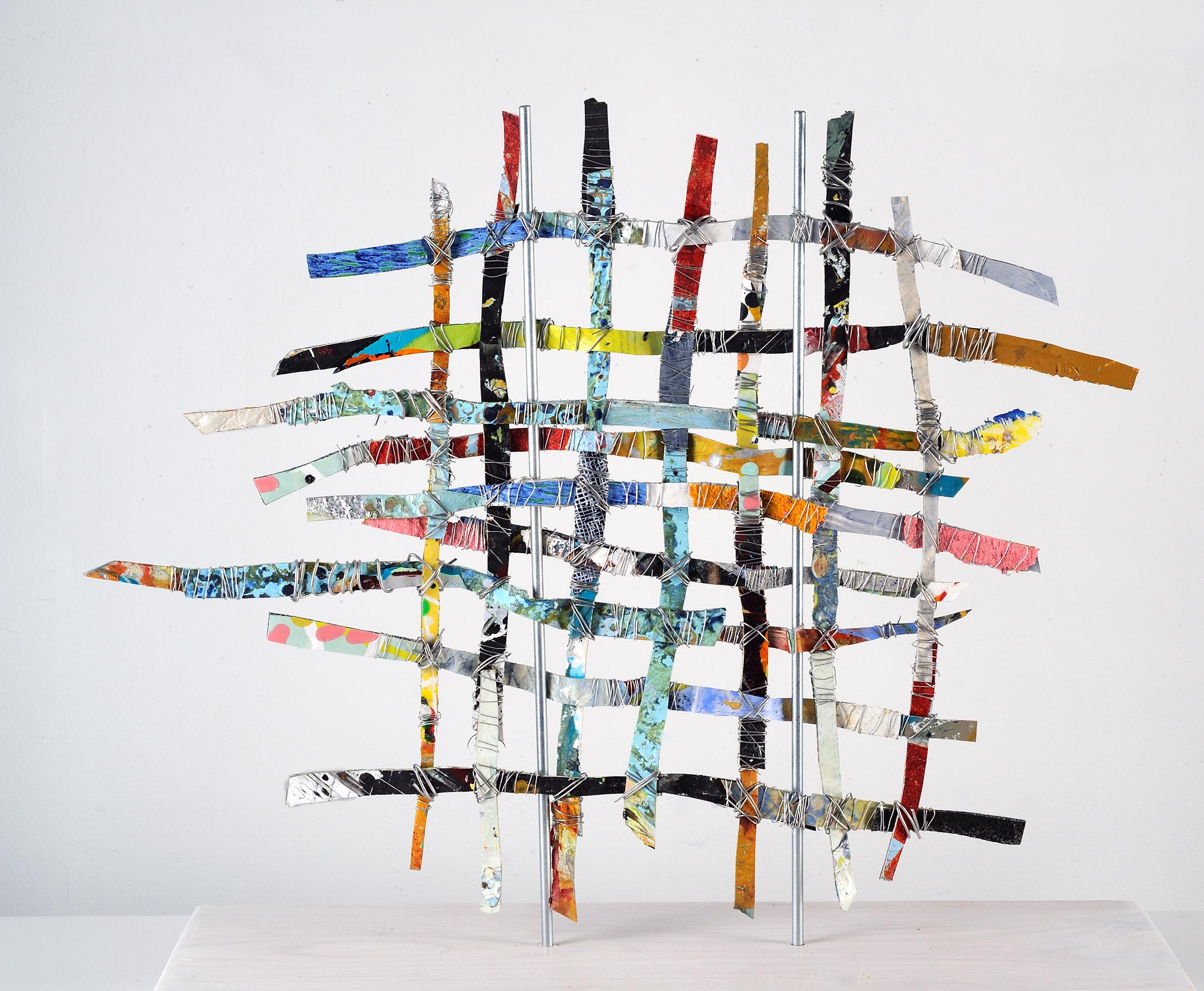 Francie Hester Abstract Sculpture - Renewal #2, mixed media aluminum sculpture, multicolored grid, 16 x 16 inches