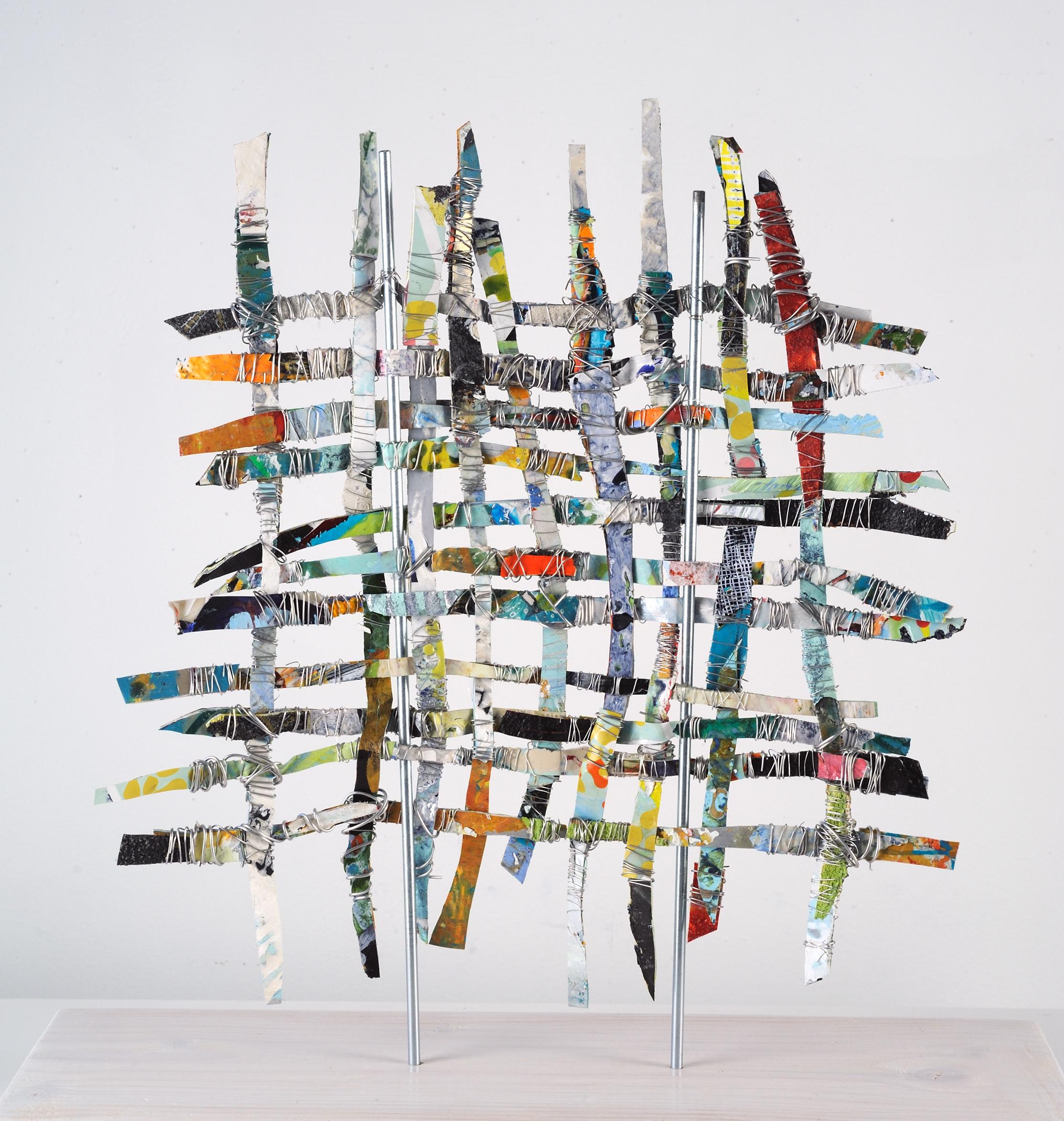 Renewal #3, mixed media aluminum sculpture, multicolored grid, 16 x 16 inches - Abstract Mixed Media Art by Francie Hester
