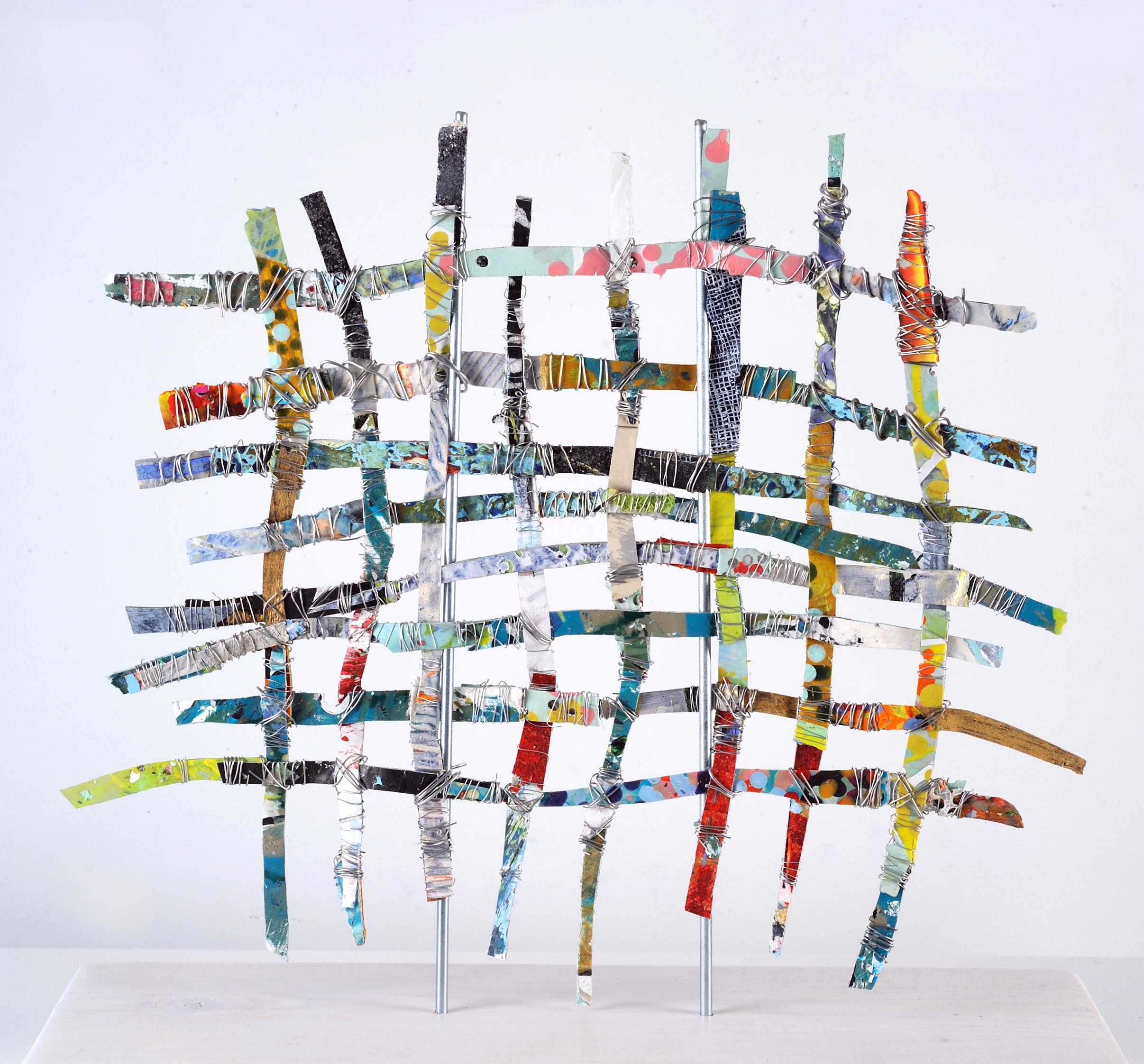 Renewal #4, mixed media aluminum sculpture, multicolored grid, 16 x 16 inches - Sculpture by Francie Hester