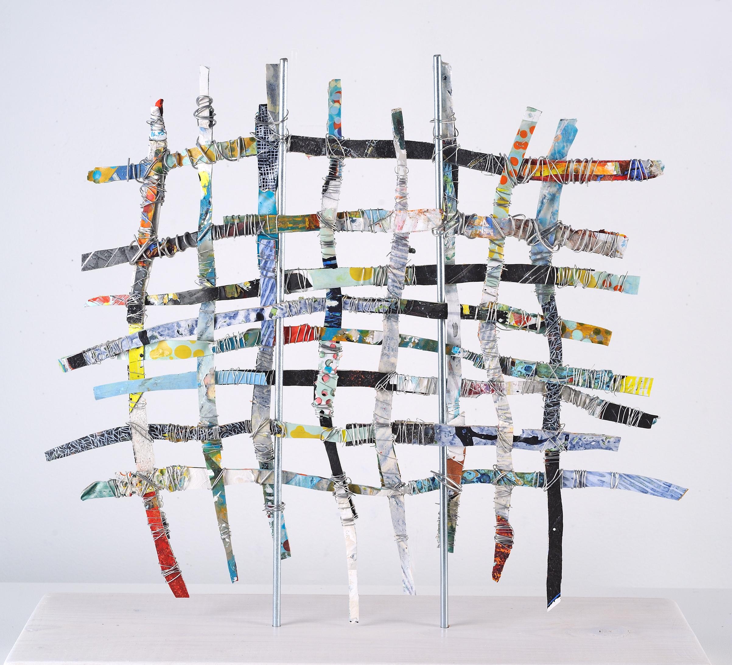 Francie Hester Abstract Sculpture - Renewal #4, mixed media aluminum sculpture, multicolored grid, 16 x 16 inches