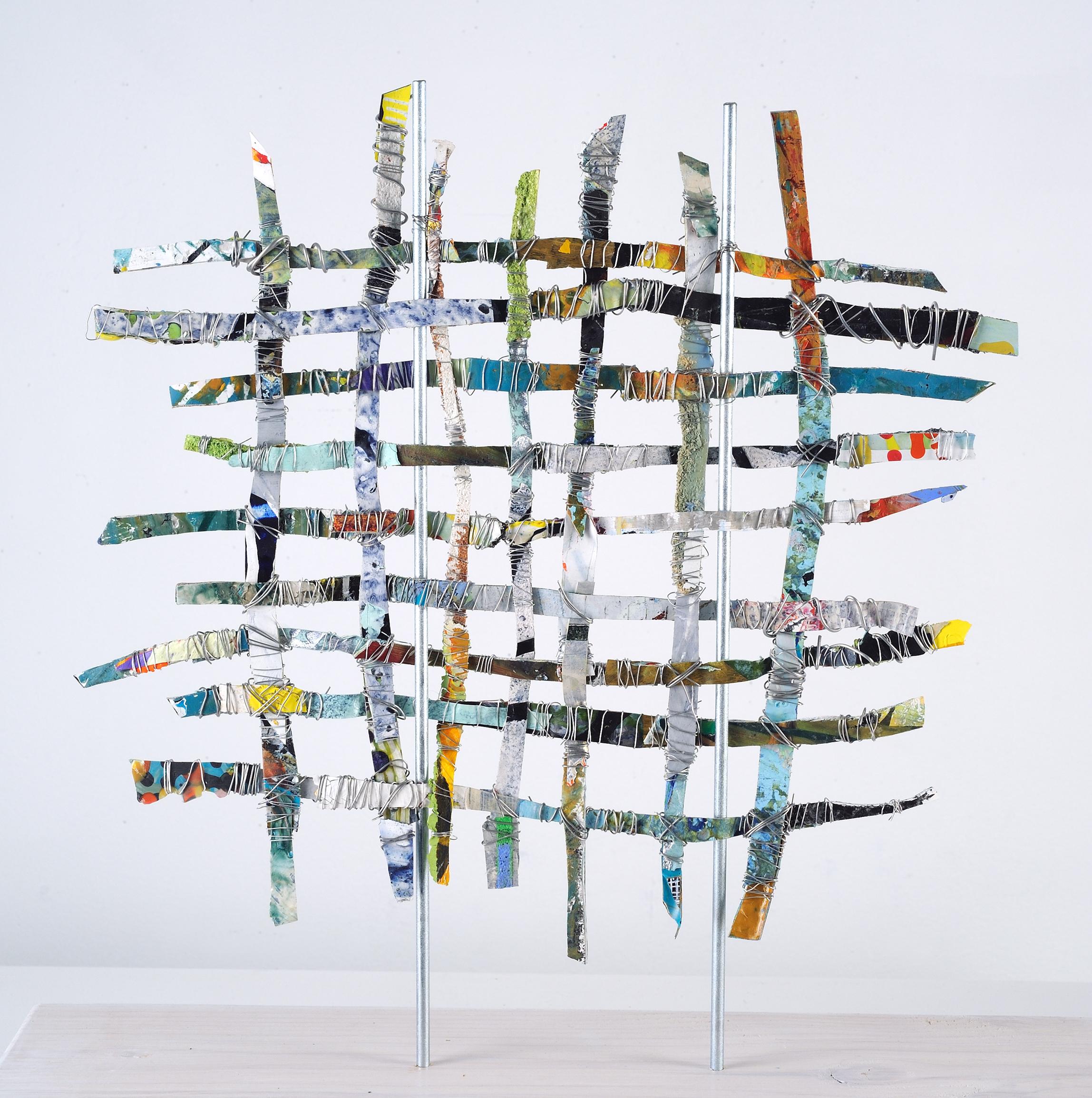 Renewal #5, mixed media aluminum sculpture, multicolored grid, 16 x 16 inches - Sculpture by Francie Hester