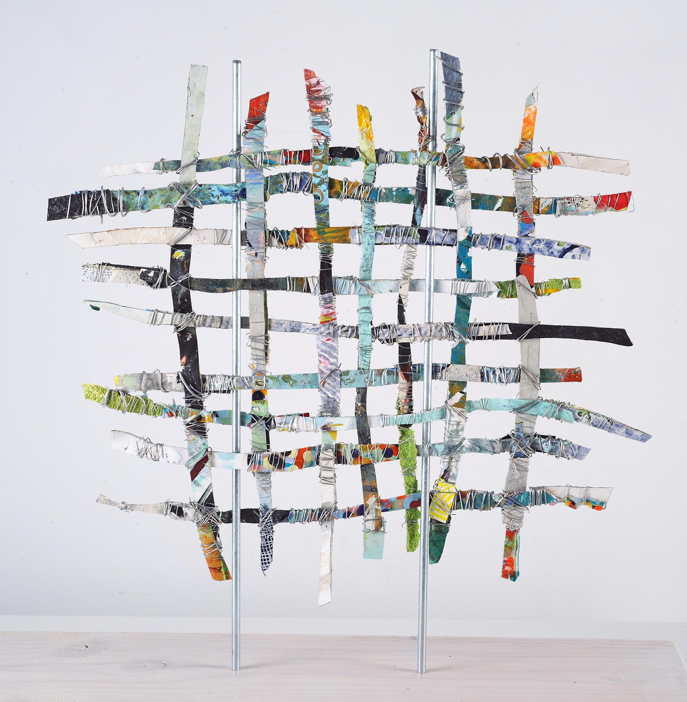 Francie Hester Abstract Sculpture - Renewal #5, mixed media aluminum sculpture, multicolored grid, 16 x 16 inches