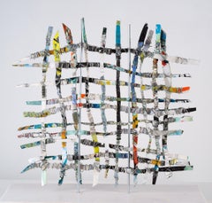 Renewal #6, mixed media aluminum sculpture, multicolored grid, 16 x 16 inches