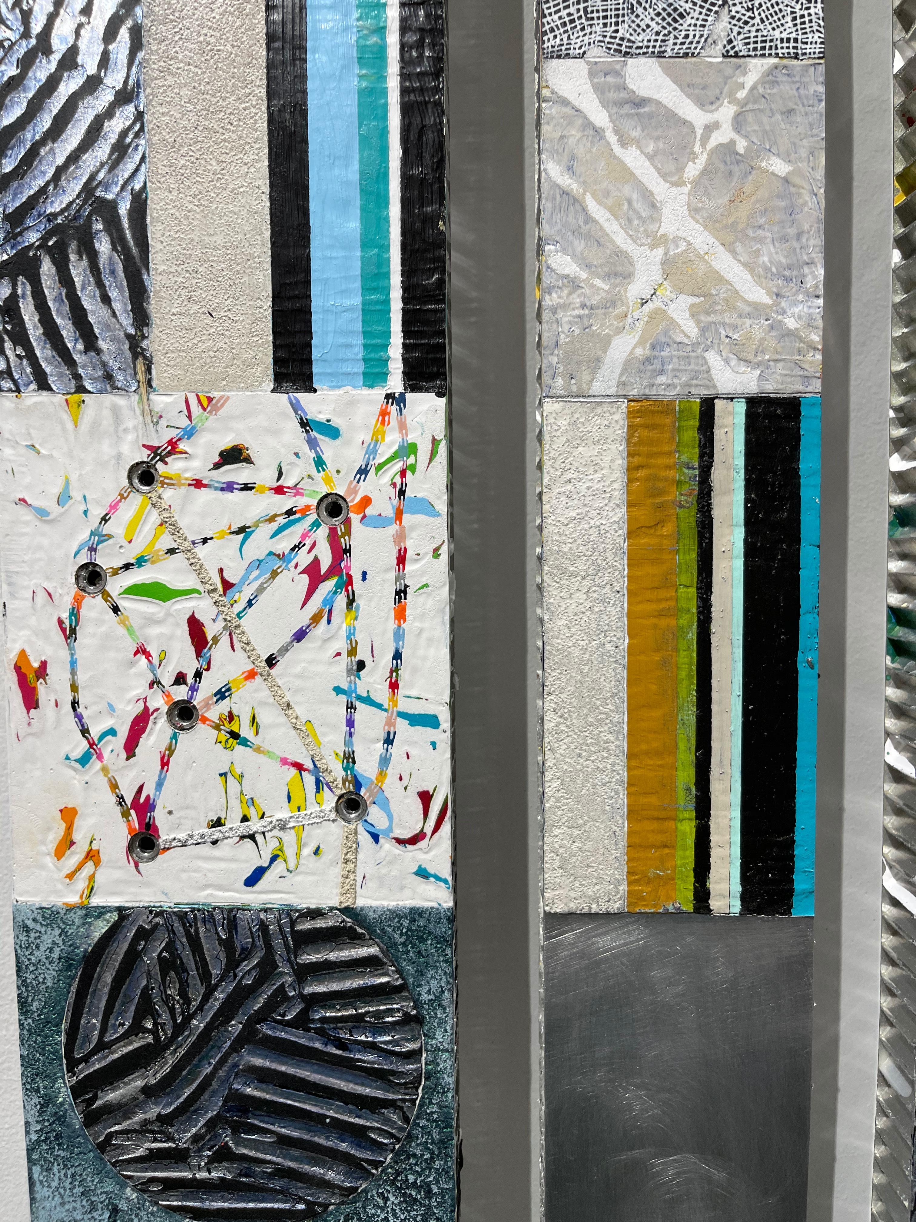 Strata 21 Set A, multicolored mixed media sculptural piece on aluminum - Gray Abstract Sculpture by Francie Hester